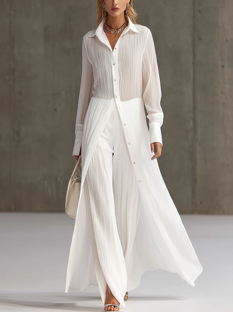 White Pleated Long Shirt