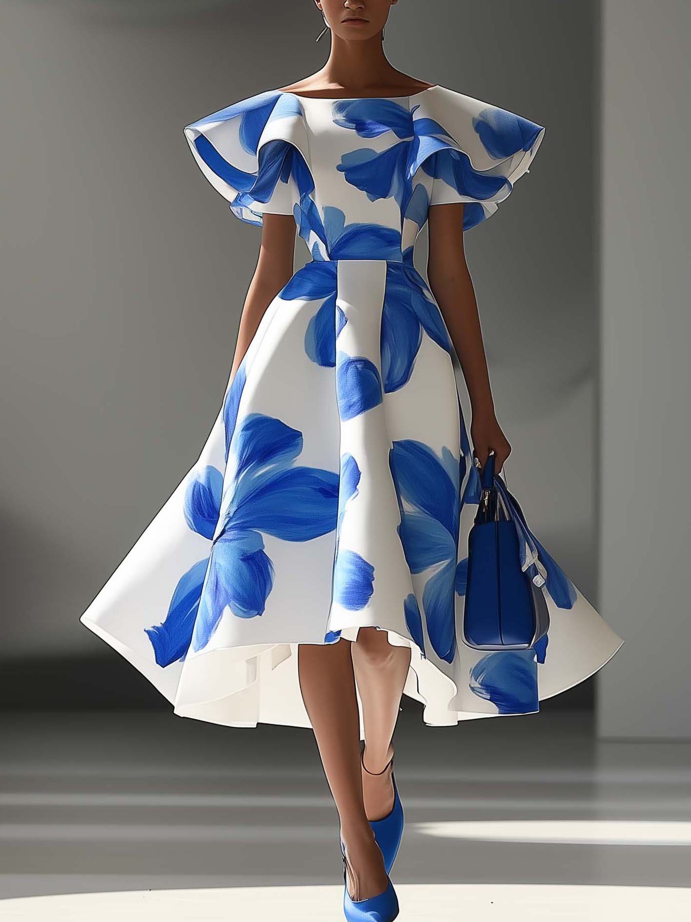 White Satin Midi Dress With Ruffles And Blue Flowers