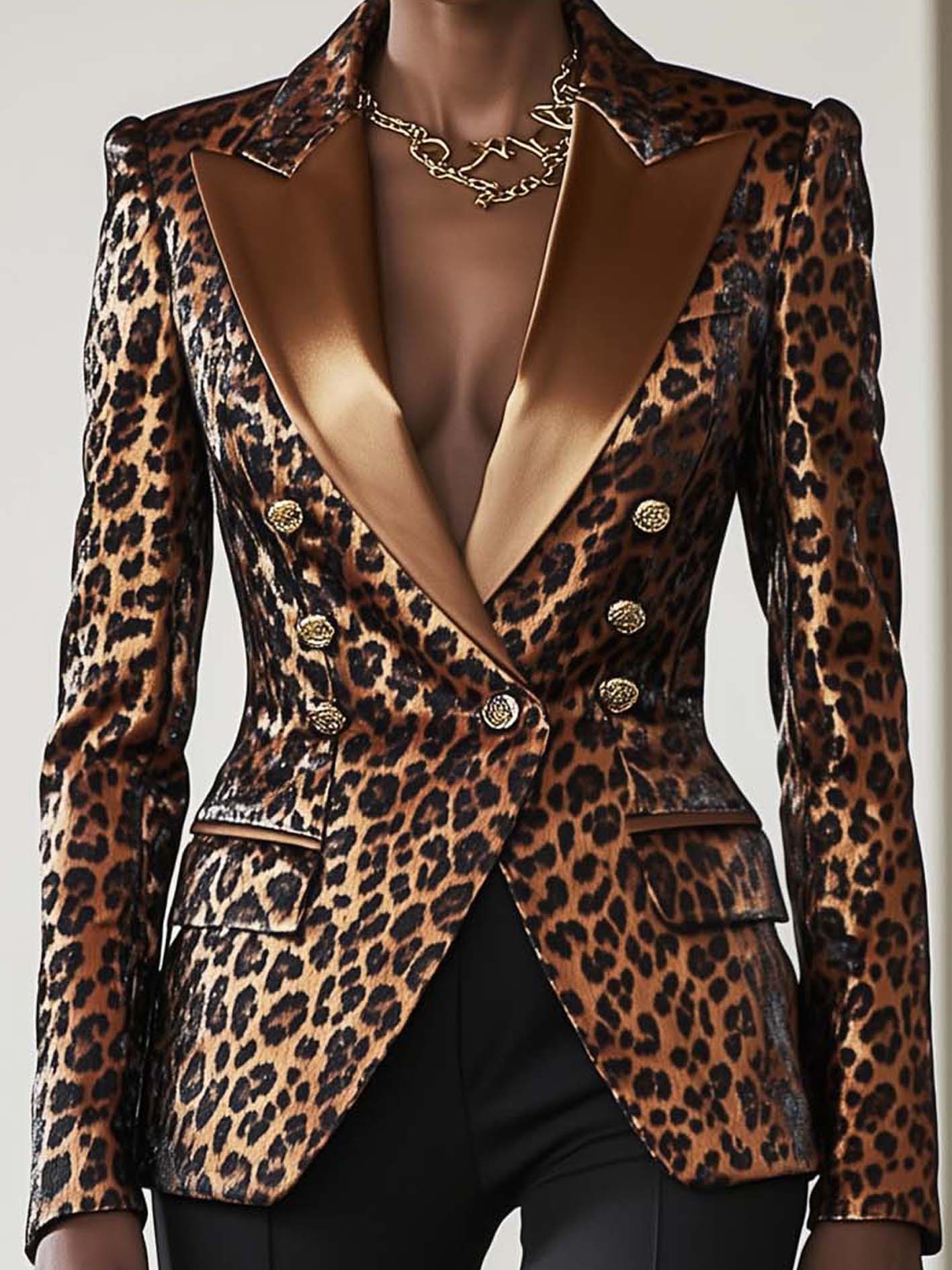Double-breasted Brown Satin Blazer With Leopard Print