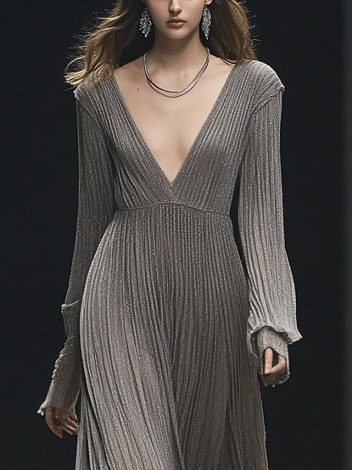 Grey Sequin Ribbed Flowing Deep V Neck Long Sleeve Maxi Dress