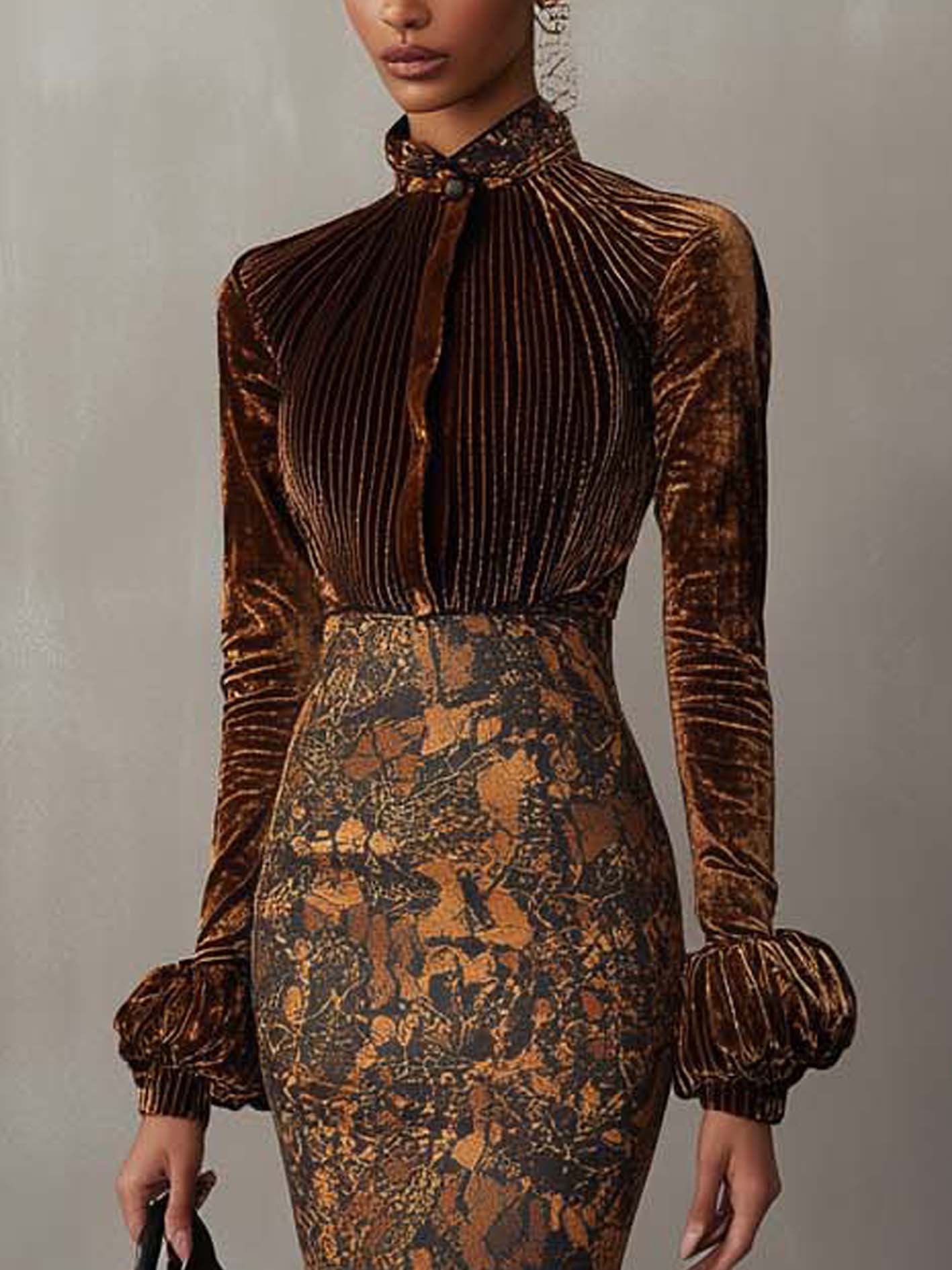 Dark Brown Velvet Midi Bodycon Dress With Vintage Floral Print