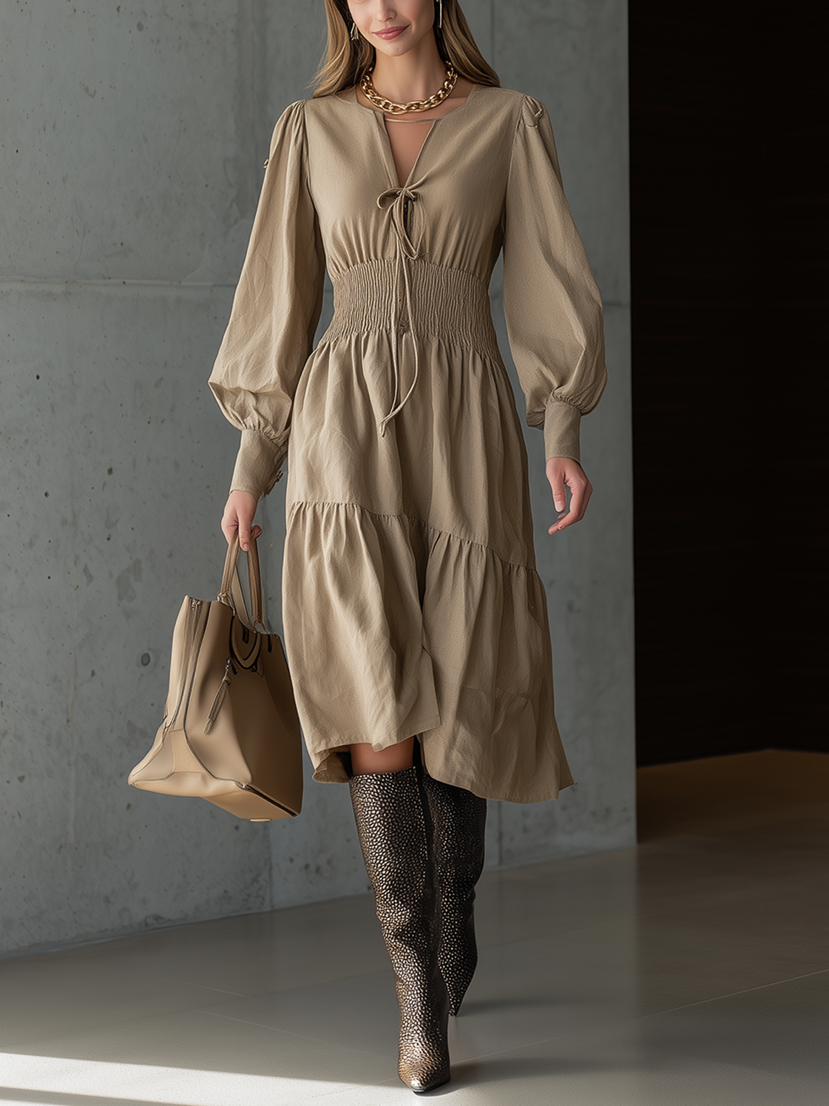 Brown Long Sleeve Smocked Waist Midi Dress