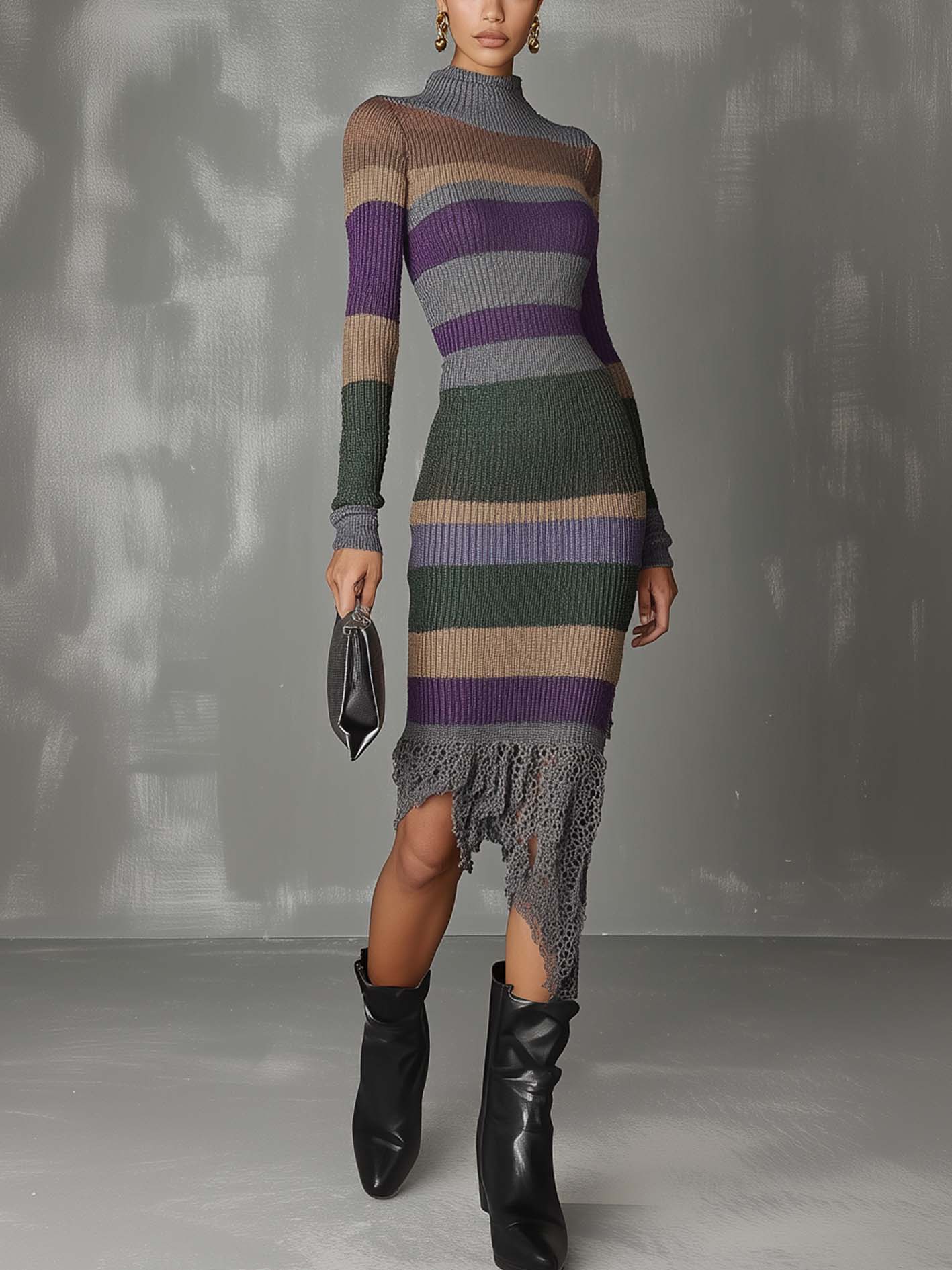 Gray Knitted Midi Bodycon Dress With Morandi Color Lines And Lace Patchwork