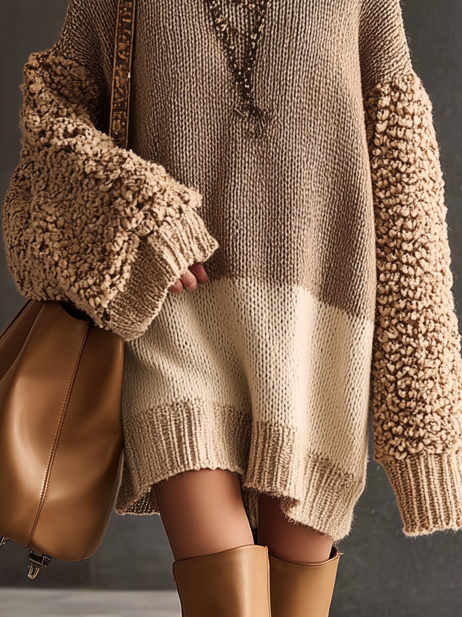 Camel Turtleneck Colorblock Knit Long Sleeve Mini Dress