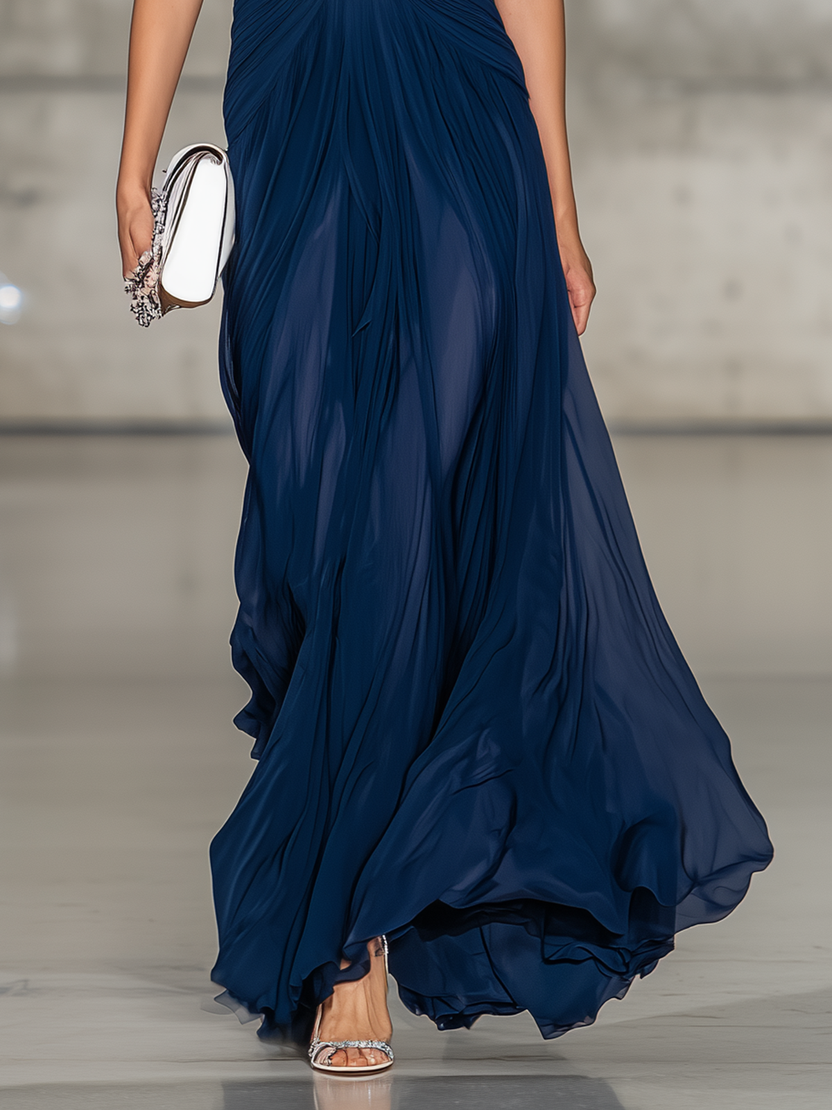 Navy Blue Chiffon Lace Puff Sleeve Maxi Dress