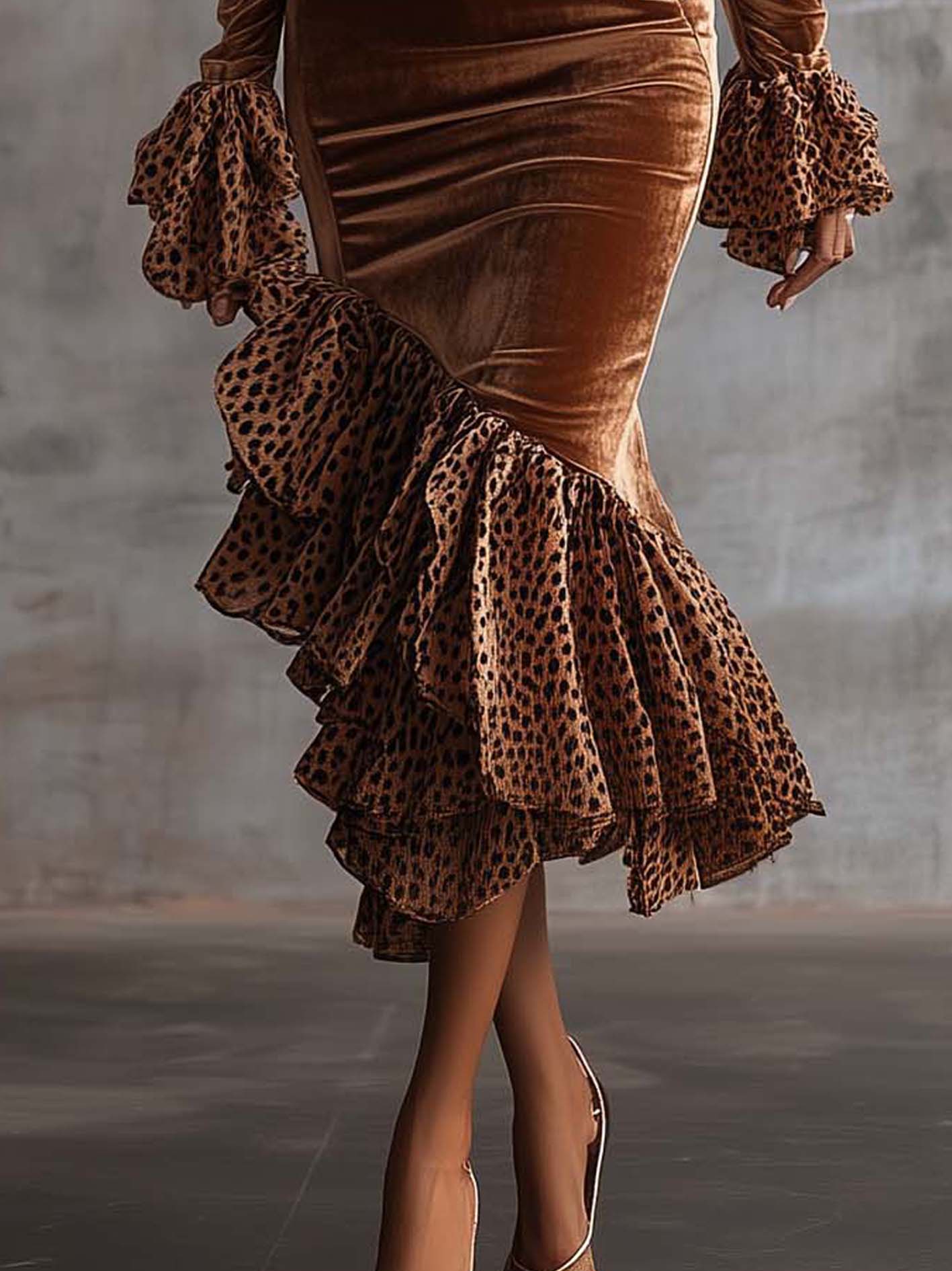 Brown Velvet Bodycon Dress With Leopard Print Ruffles