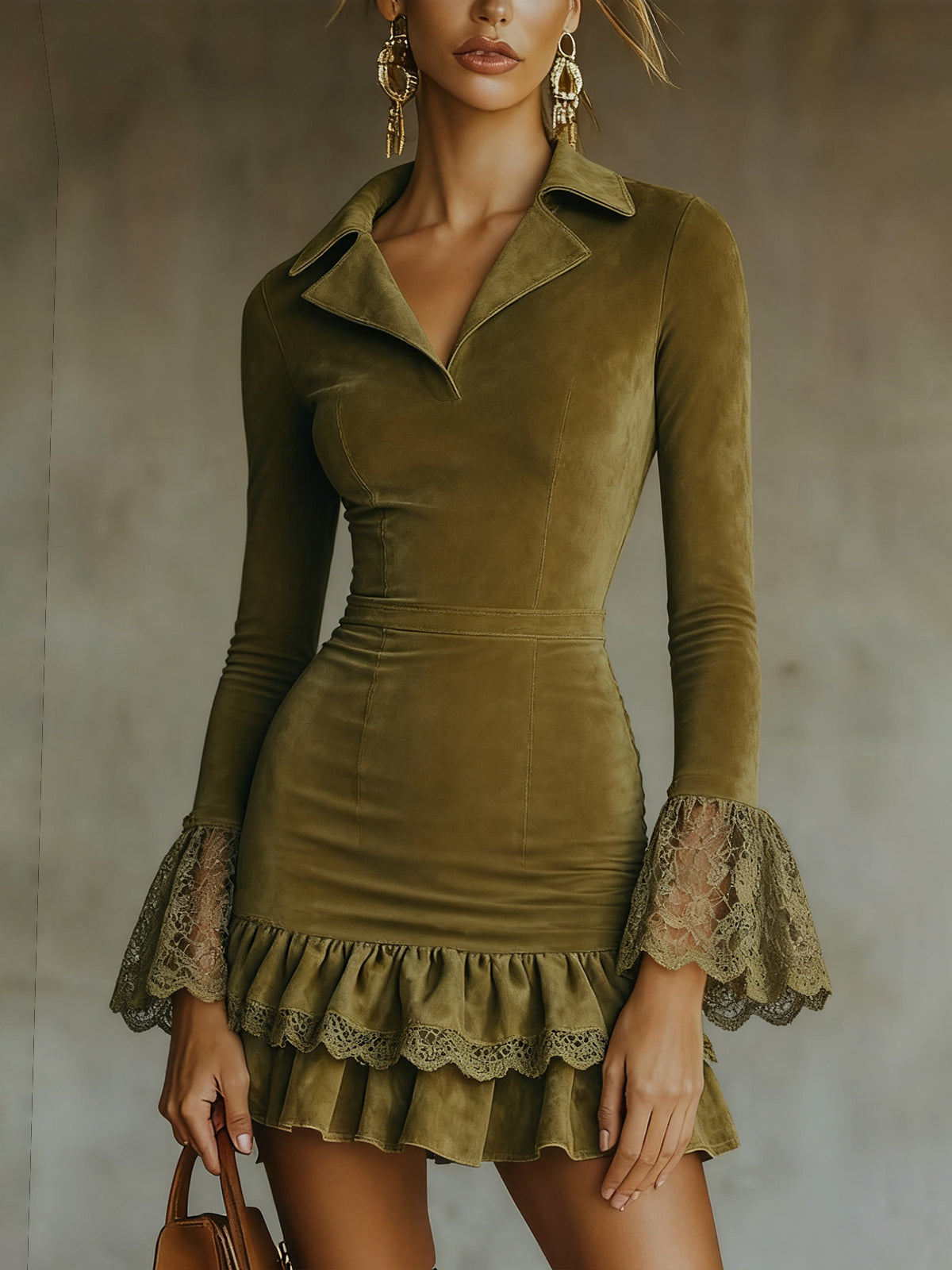 Olive Lace Bell Sleeve Mini Dress With Ruffled Hem