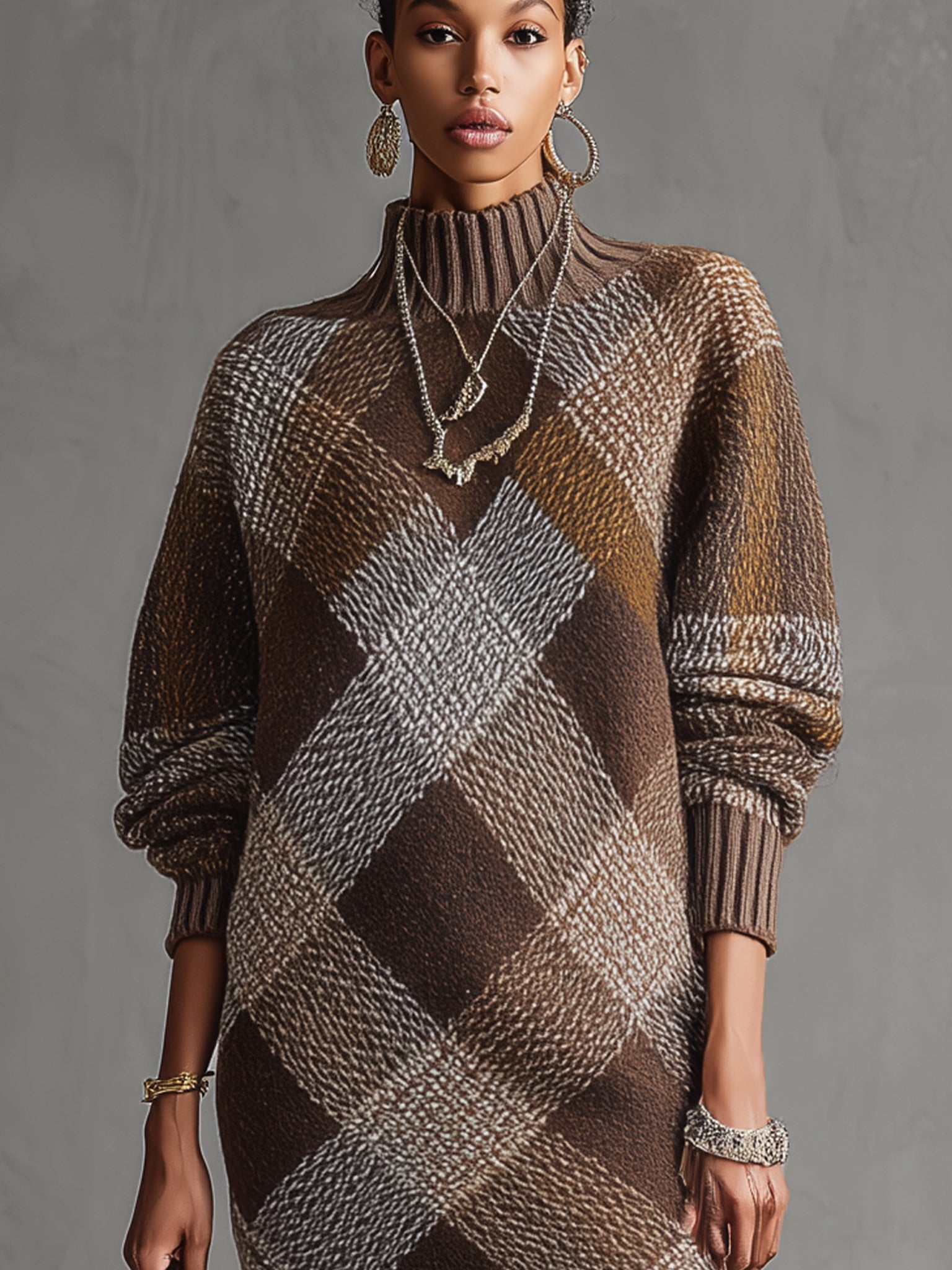 Brown Plaid Turtleneck Knit Long Sleeve Mini Dress