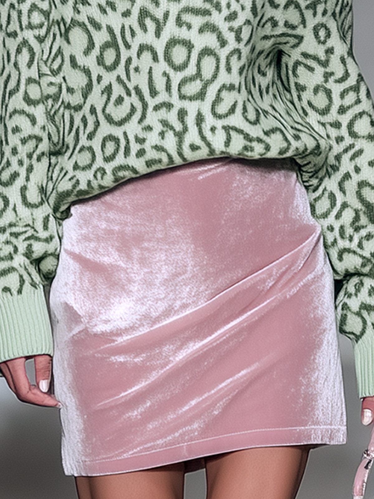 Mint Green Knit & Pink Velvet Mini Skirt Set