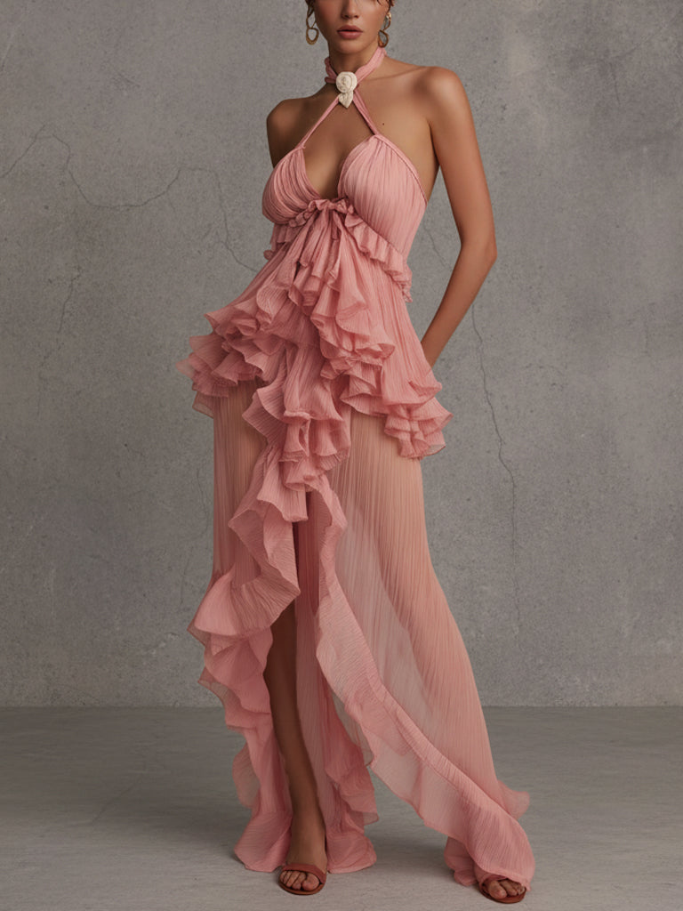 Pink Chiffon Ruffled Halter Maxi Dress