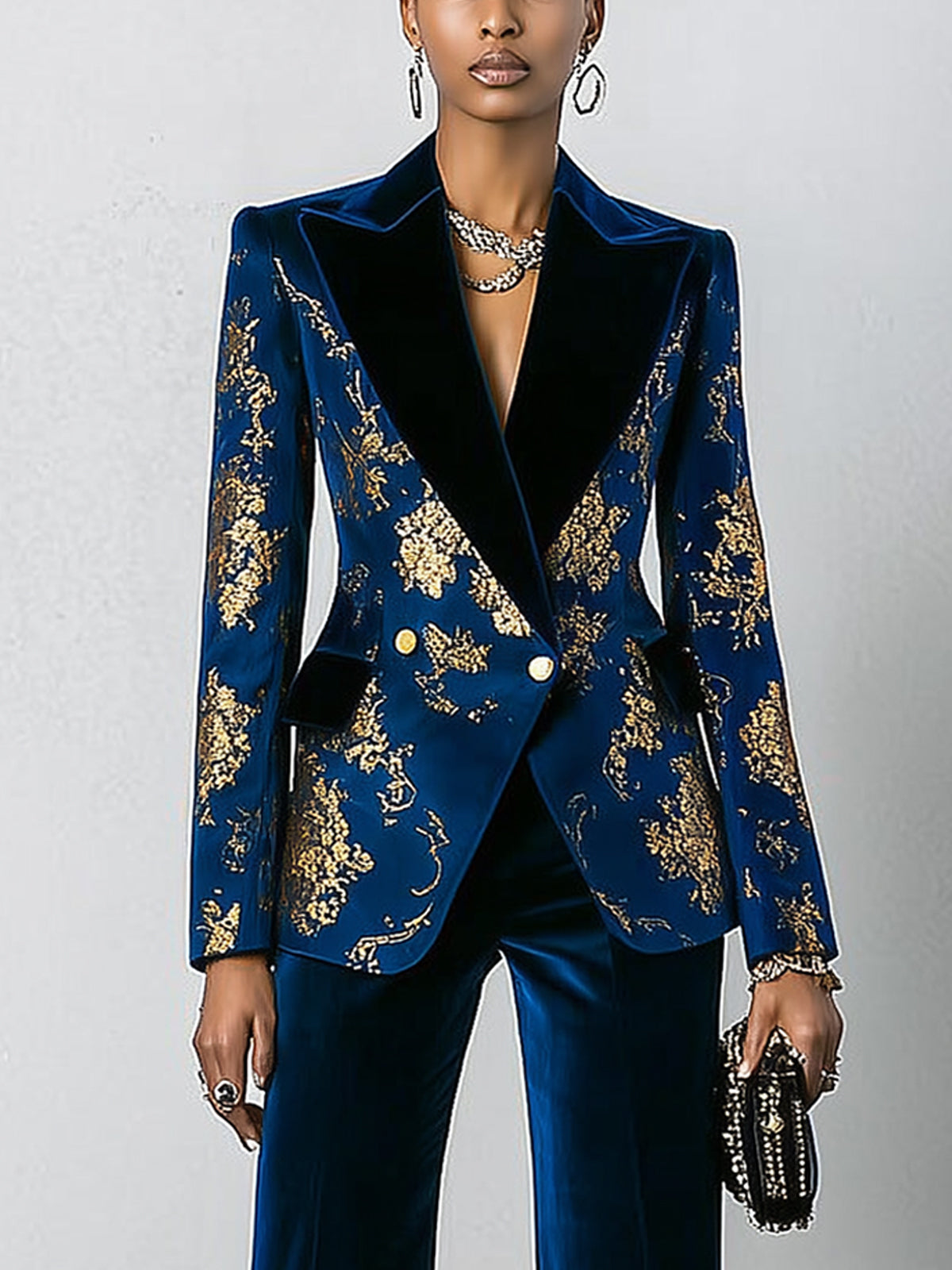 Royal Blue Velvet Printed Blazer And Flared Pants Suit