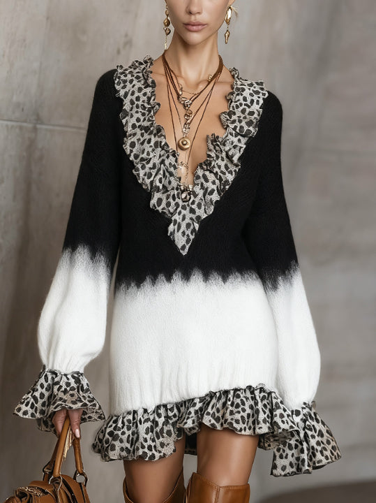Black And White Knit Mini Dress With Leopard Ruffle Trim