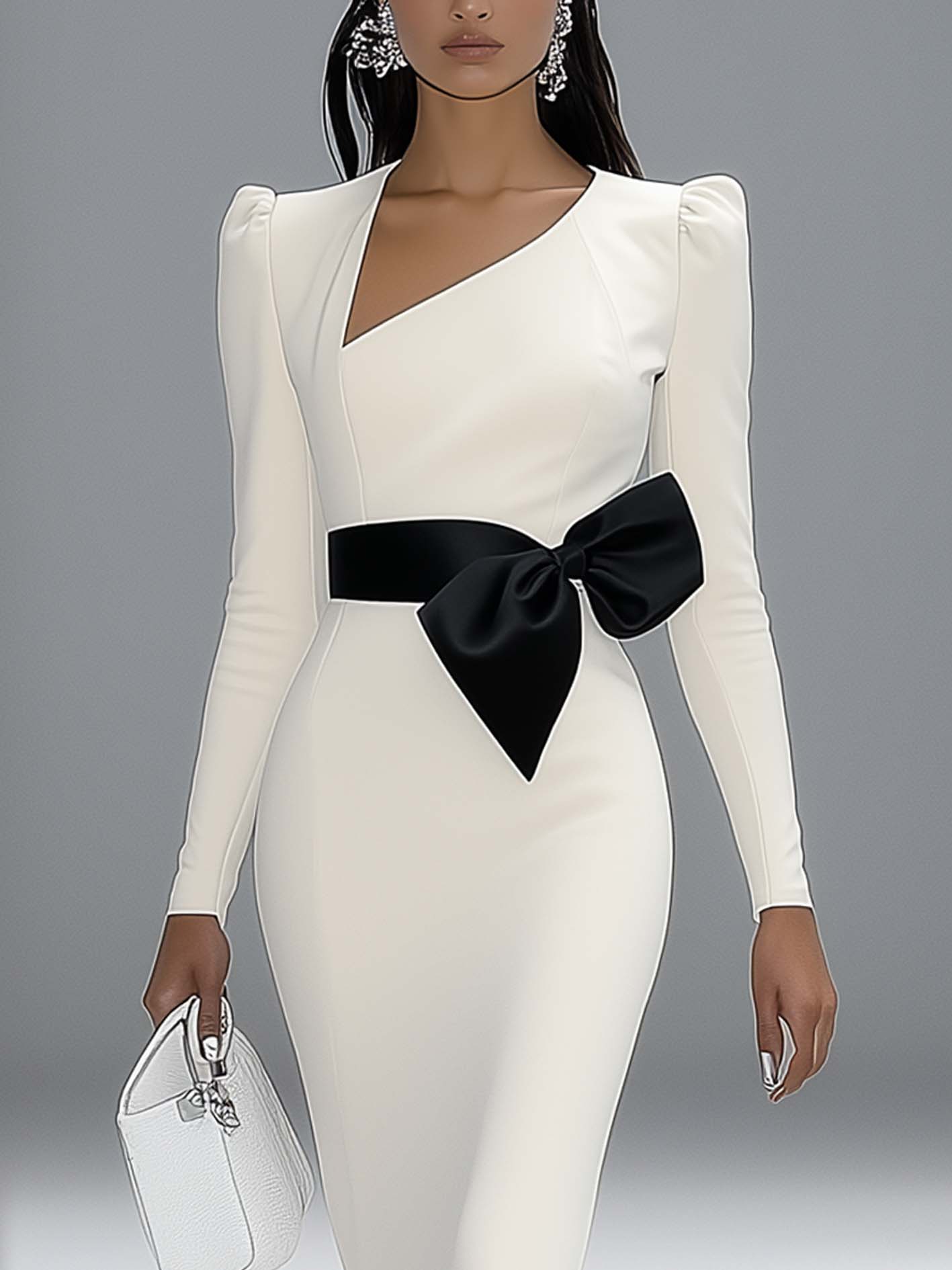 White Midi Bodycon Dress With Slanted Neckline And Black Bow Belt