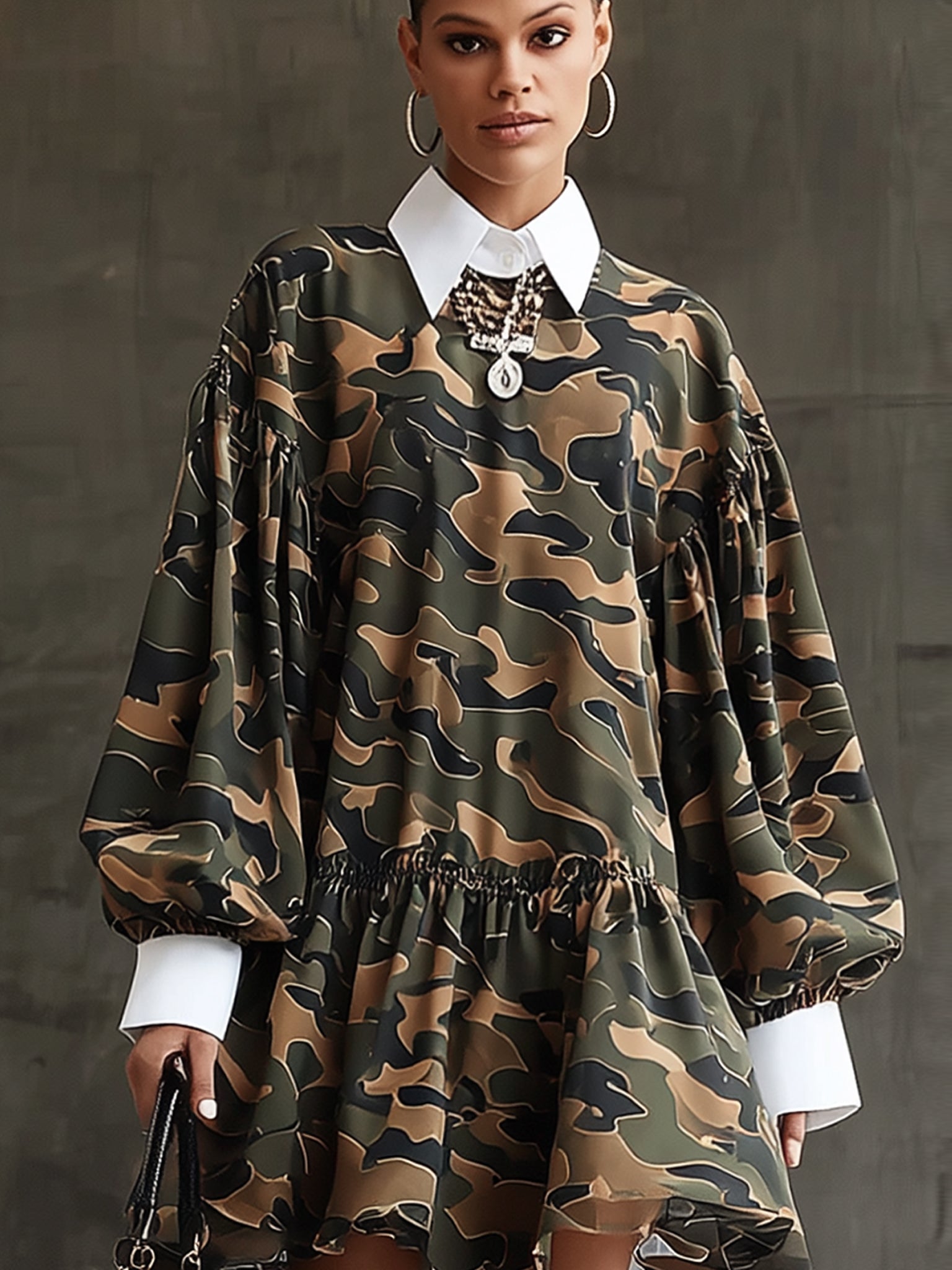 Olive Green Camouflage Puff Sleeve Ruffled Skater Dress With White Shirt Collar