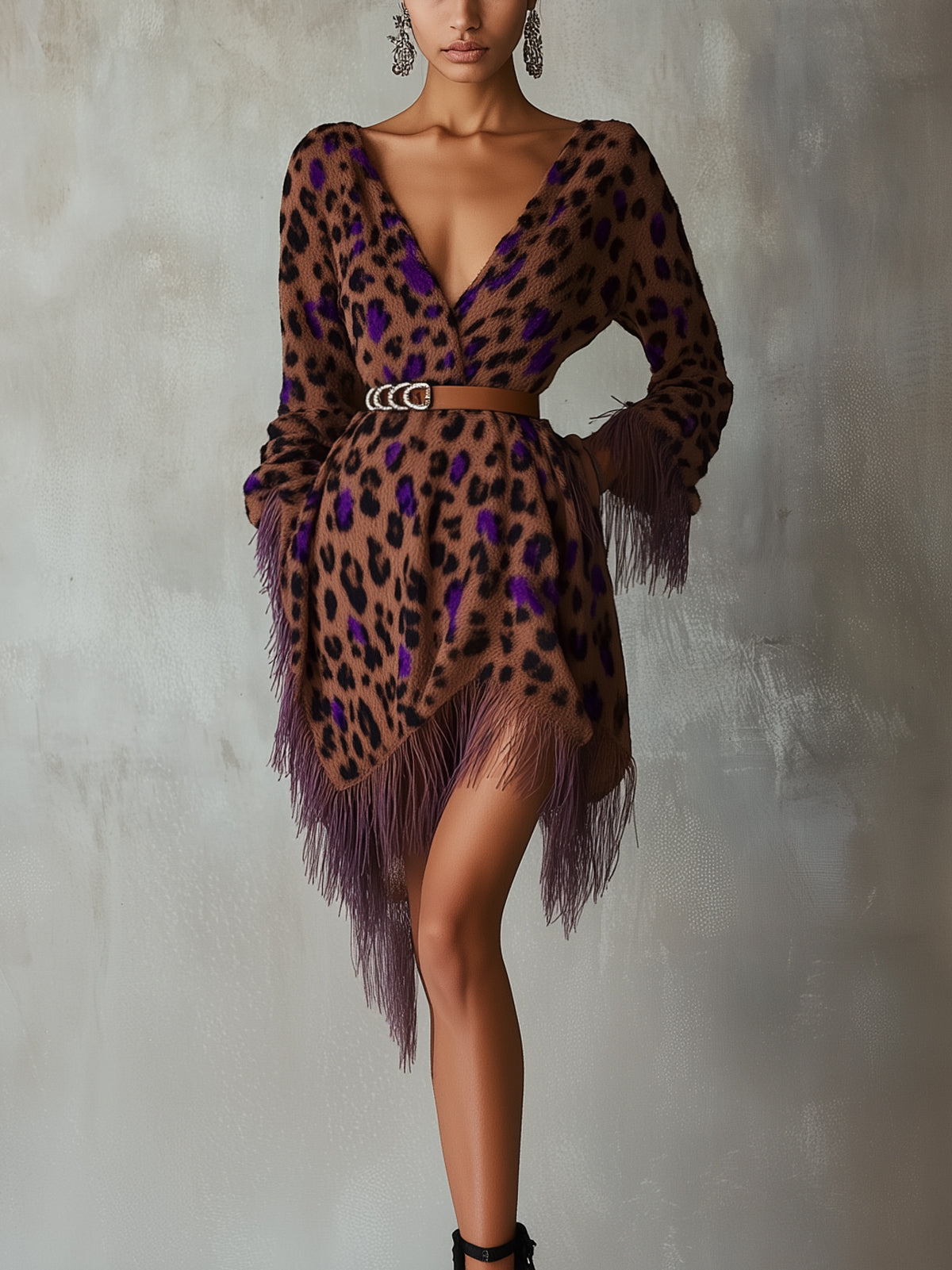 Brown Leopard Print Belted V-Neck Long Sleeved Asymmetric Mini Dress