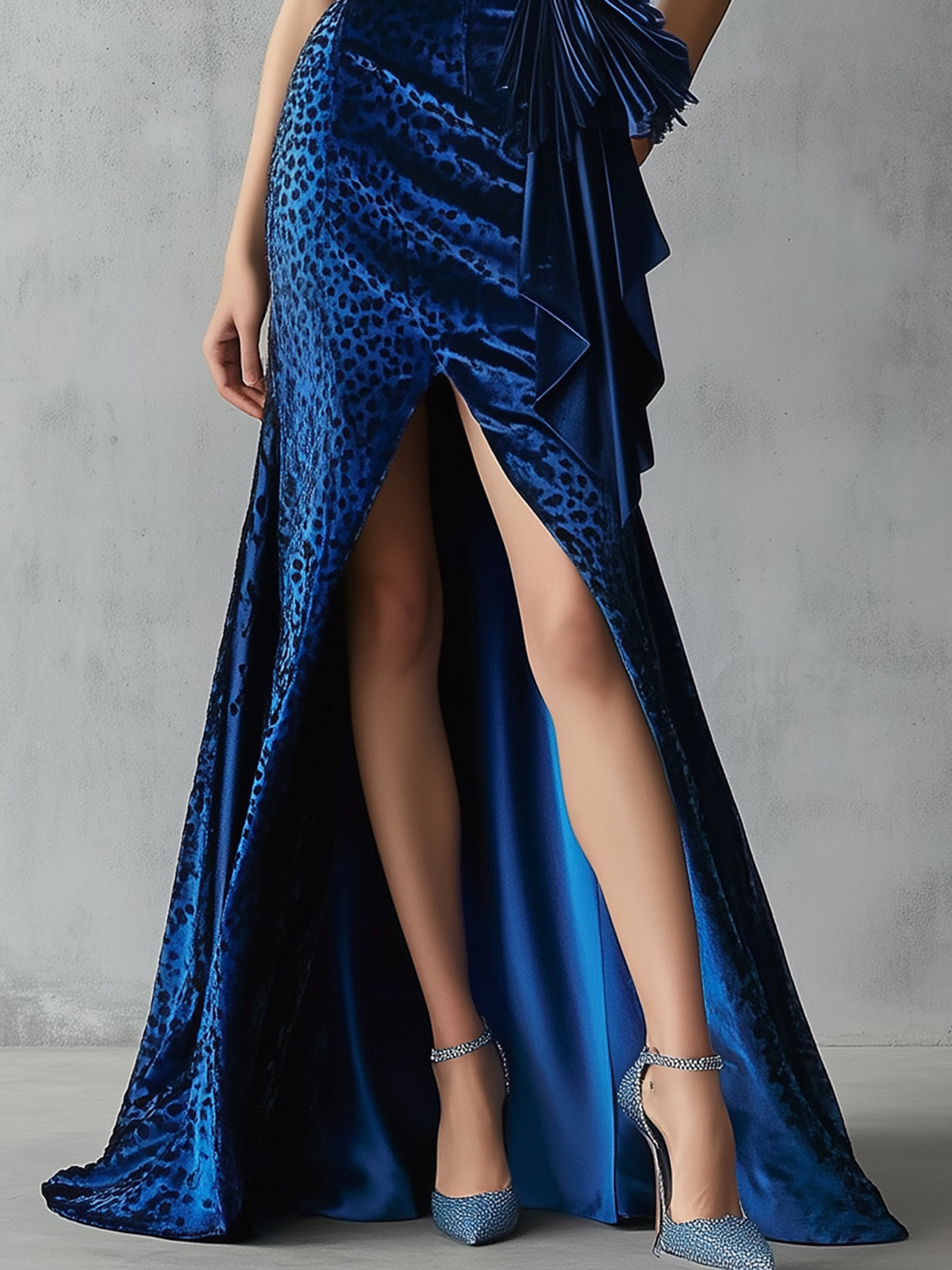Blue Velvet Leopard Print High Slit V-Neck Sleeveless Maxi Dress
