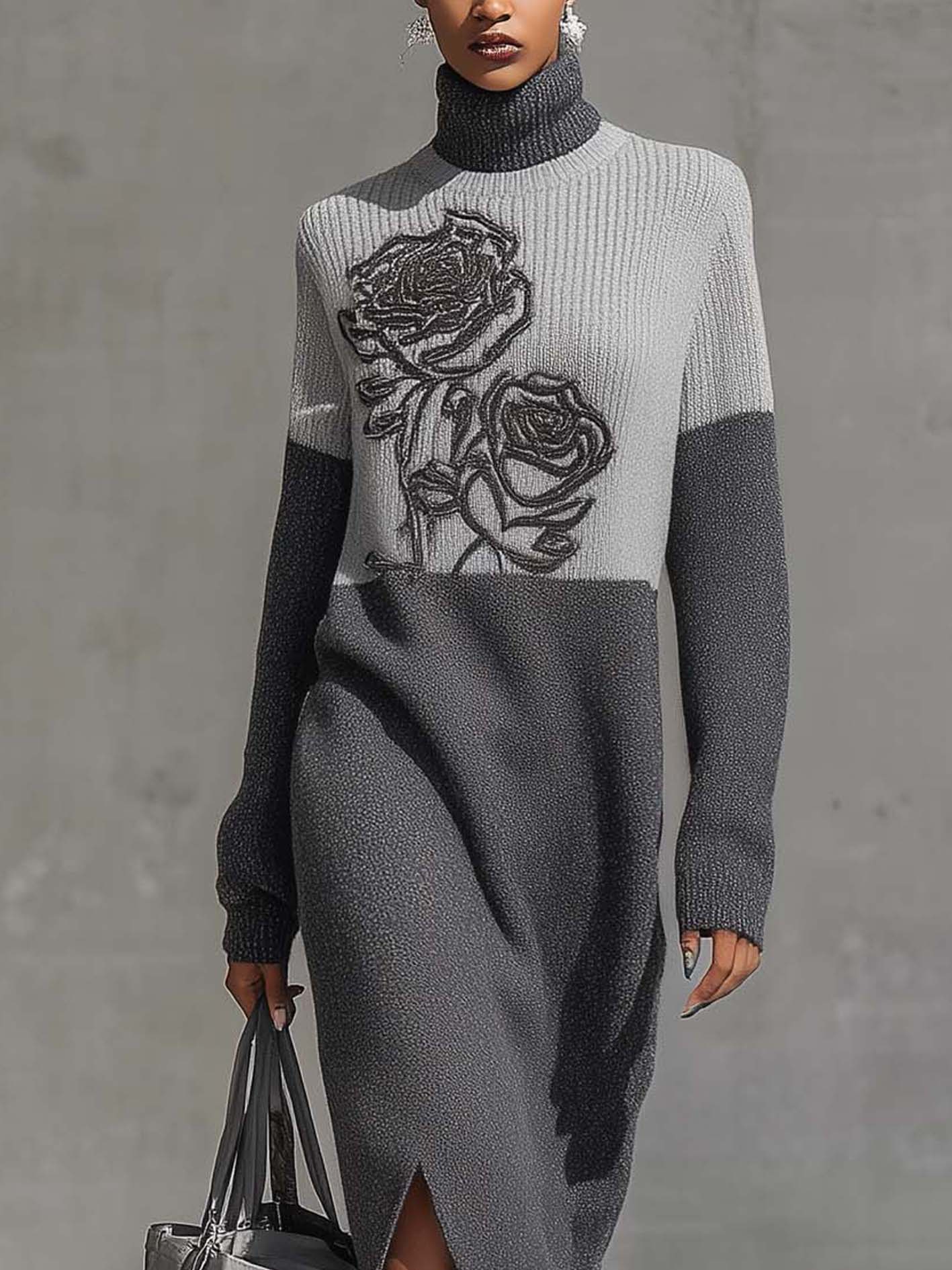 Gray Comfortable Turtleneck Midi Dress With Floral Embroidery