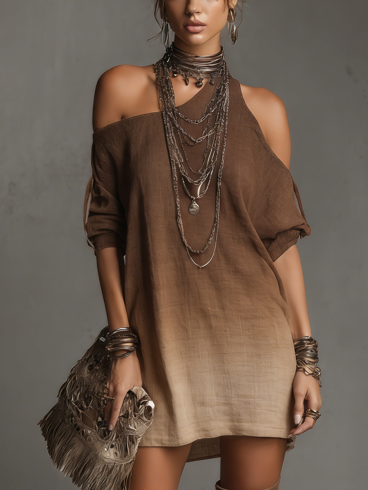 Brown One-Shoulder Ombre Linen Mini Dress