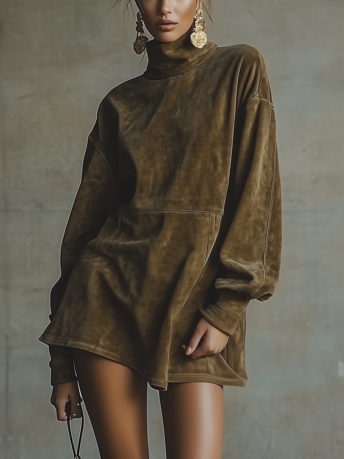 Olive Faux Suede Turtleneck Mini Dress