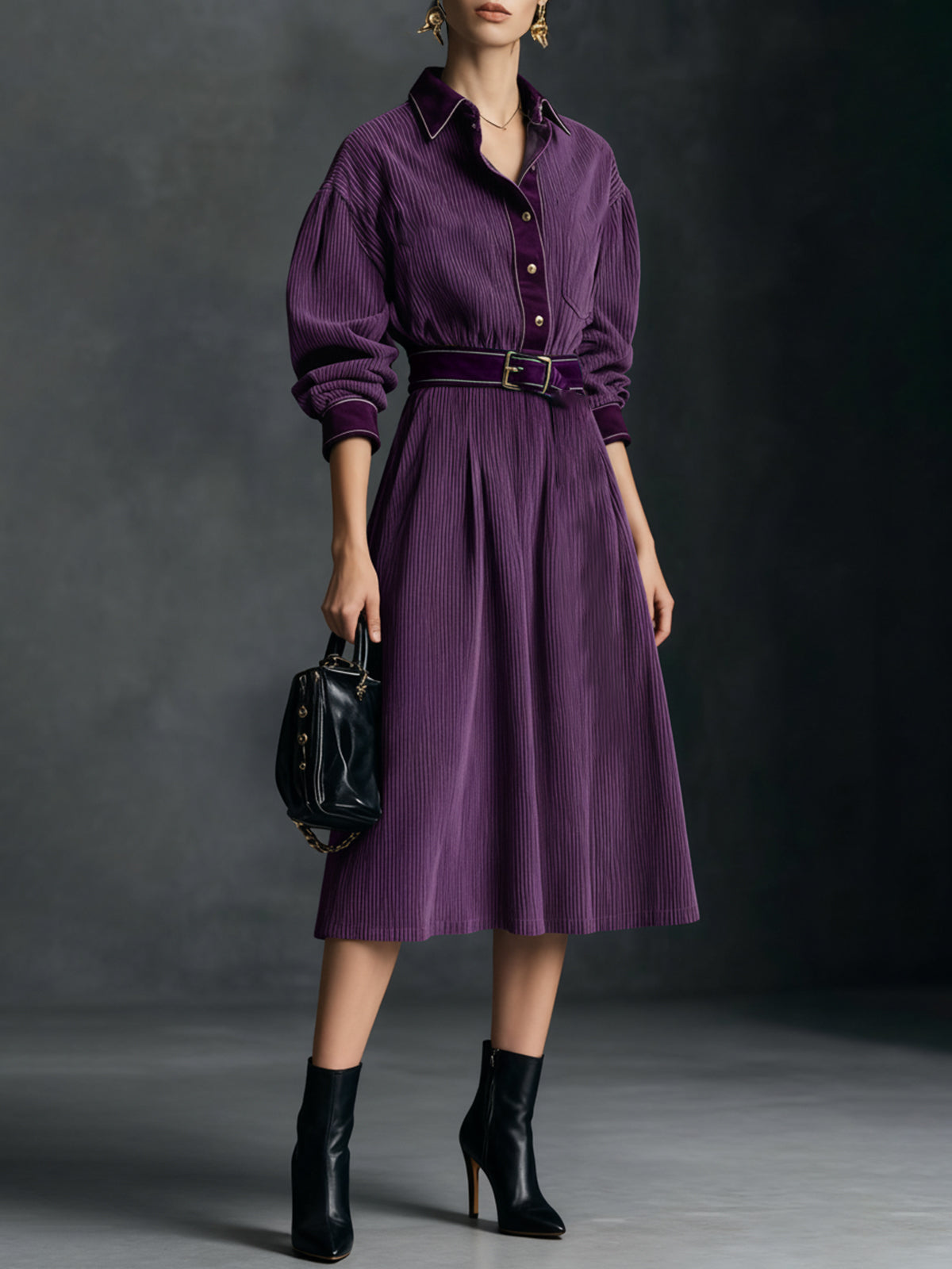 Purple Corduroy Belted Midi Dress