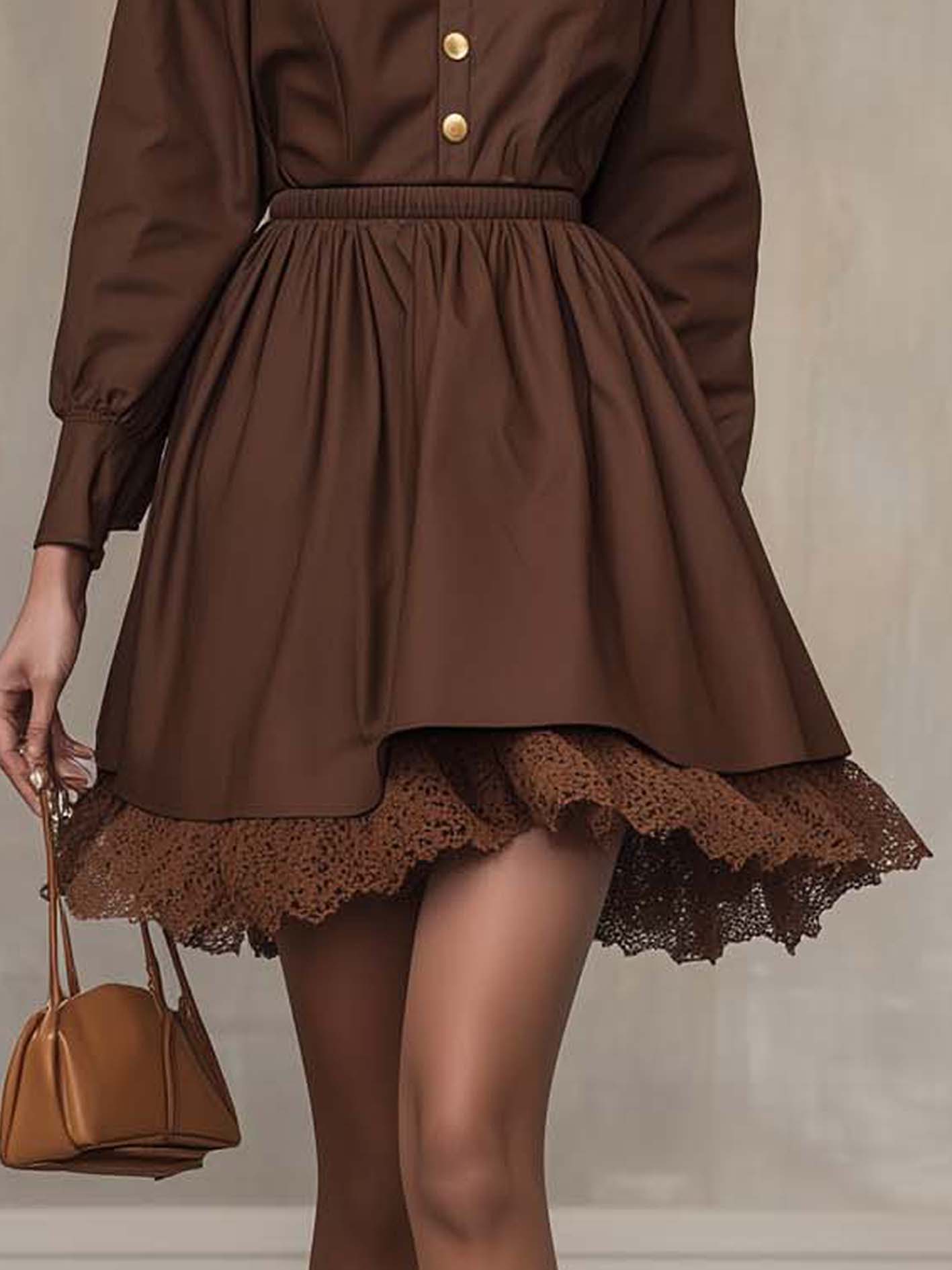 Brown Mini Trench Coat Dress With Lace And Buttons