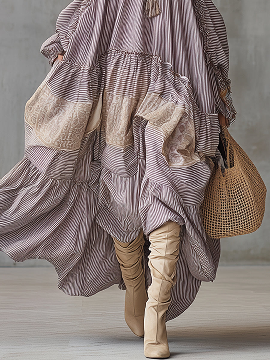 Lavender Printed Cotton Linen Loose Lace Maxi Dress