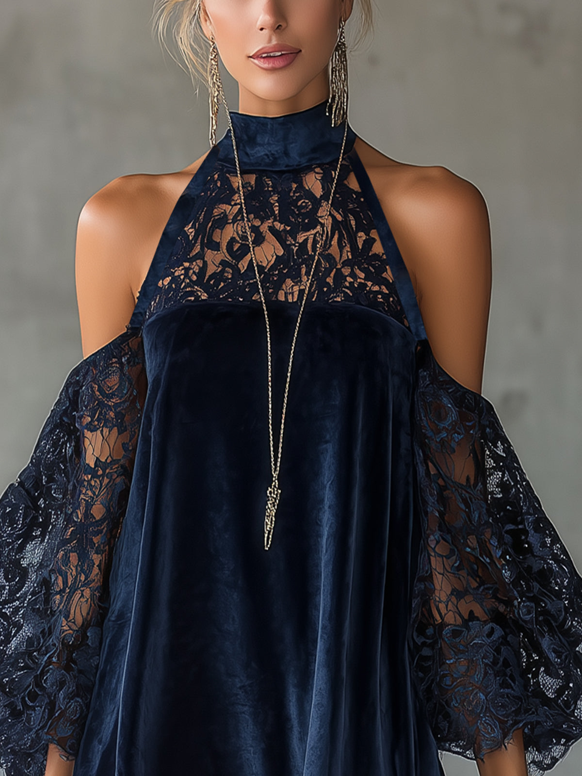Navy Velvet Lace Cold‑Shoulder High‑Neck Mini Dress