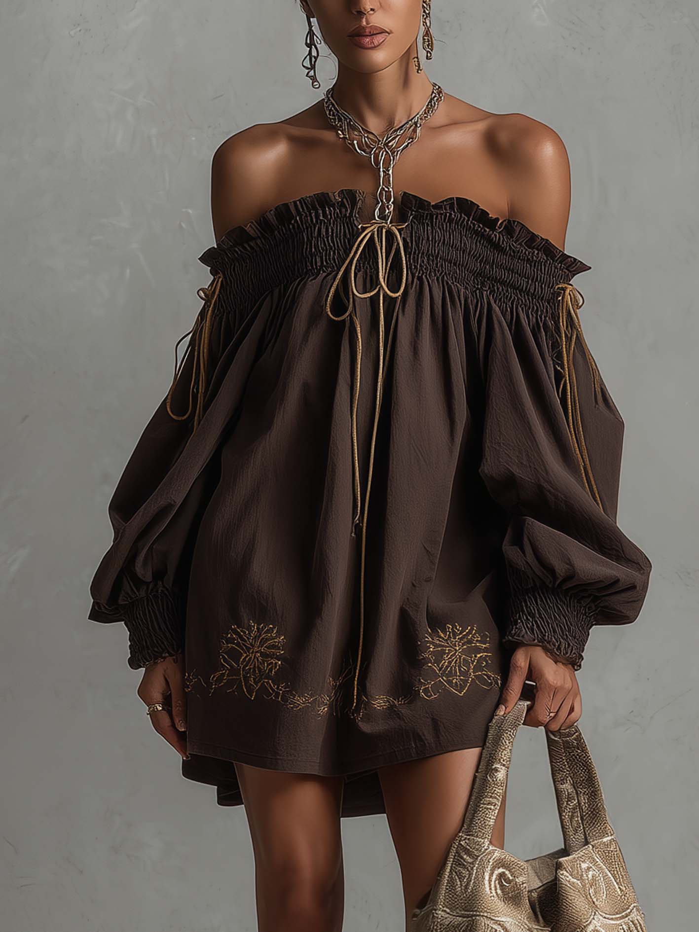 Dark Brown Cotton-Linen Off Shoulder Mini Dress With Vintage Embroidered Hem