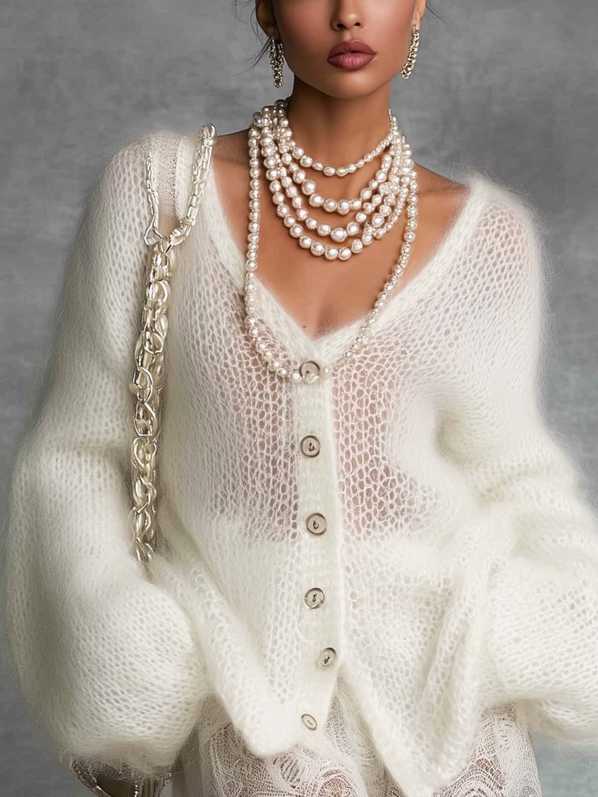 White Knitted Cardigan Layered And Lace Mini Skirt Set