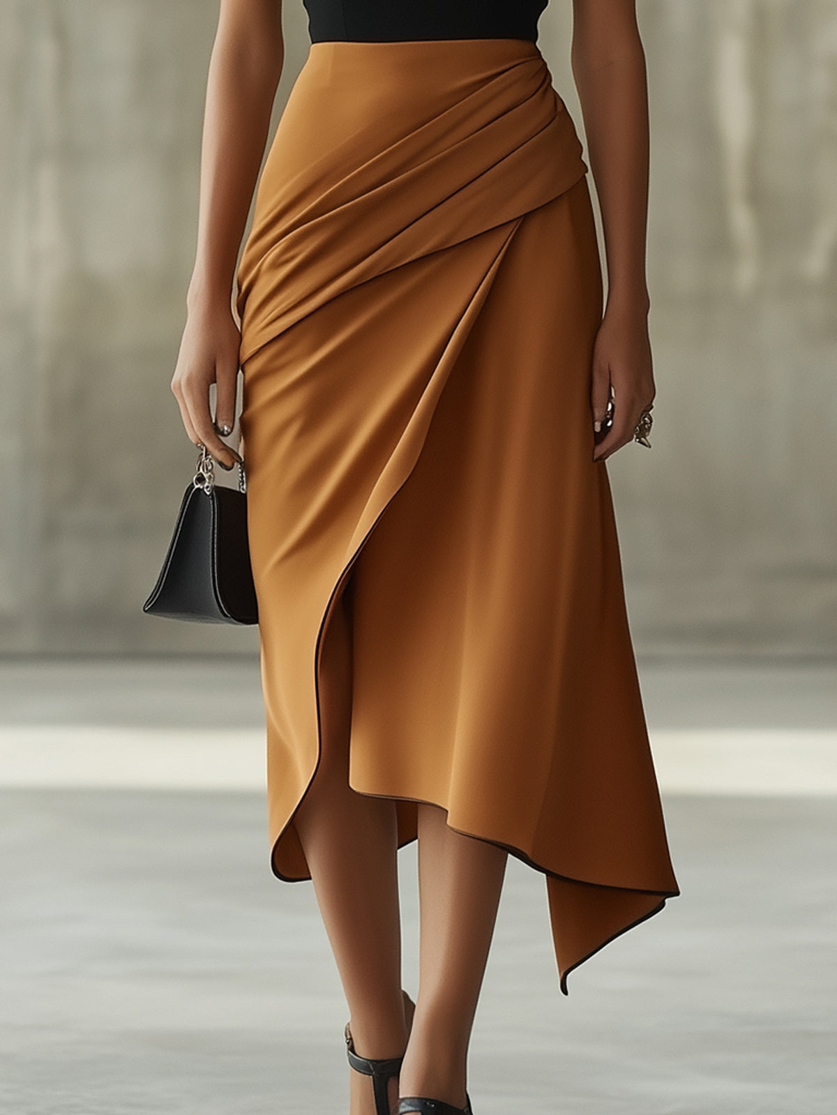 Black And Camel Satin Draped Detail Off-Shoulder Short Sleeve Midi Dress