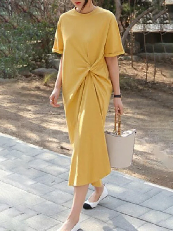 Solid Color Irregularity Pleats Midi Dress