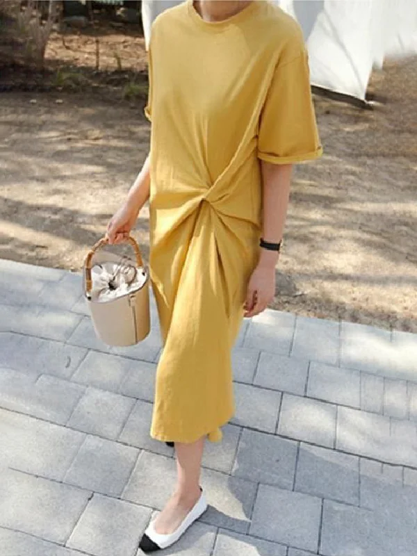 Solid Color Irregularity Pleats Midi Dress