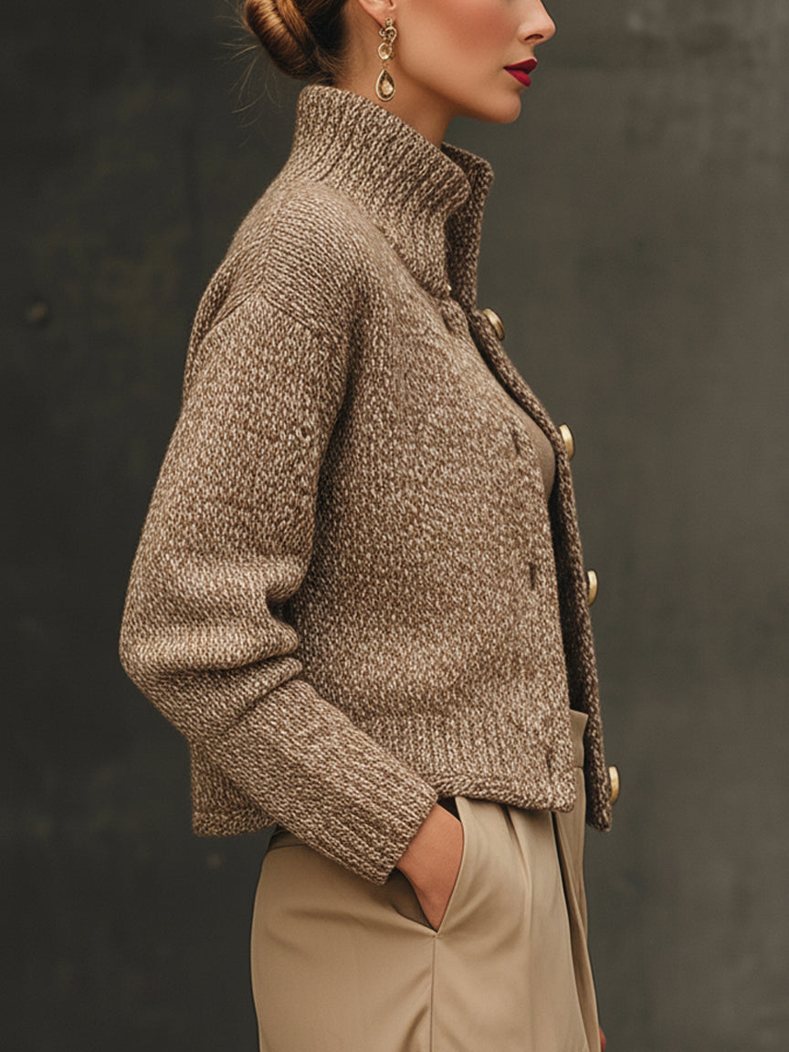Taupe Marled Knit High Collar Buttoned Cardigan