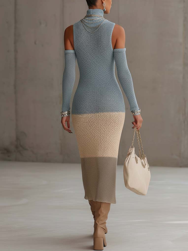 Light Blue Colorblock Cold Shoulder Bodycon Knit Dress