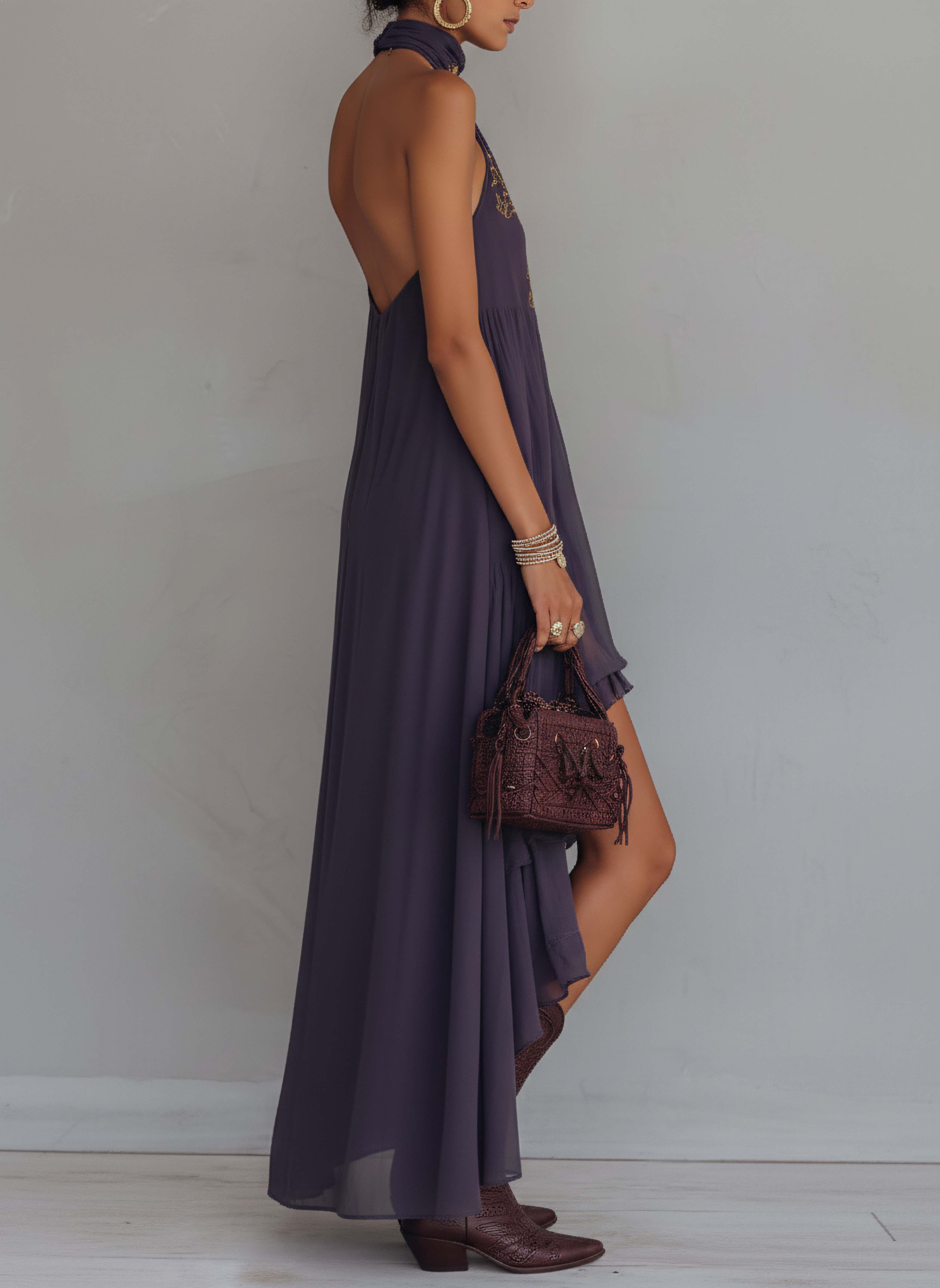 Lavender Purple Chiffon Maxi Dress Vintage Baroque Embroidered