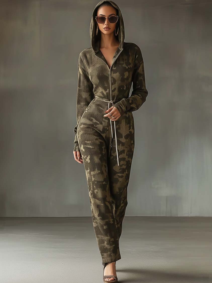 Olive Green Hooded Sweatshirt Jumpsuit With Camouflage