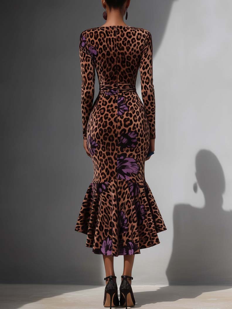 Brown Velvet Midi Bodycon Dress With Purple Flowers And Leopard Print Ruffles
