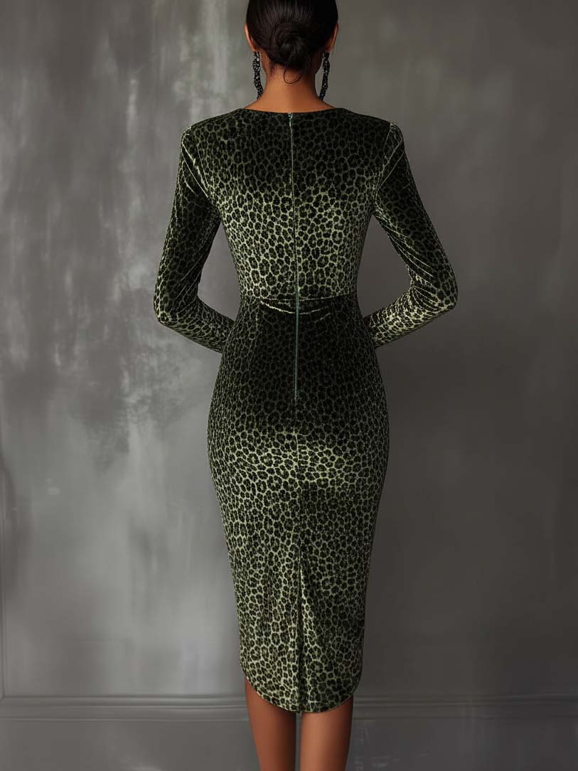 Dark Green Velvet Bodycon Dress With Leopard Print And Stylish Webbing