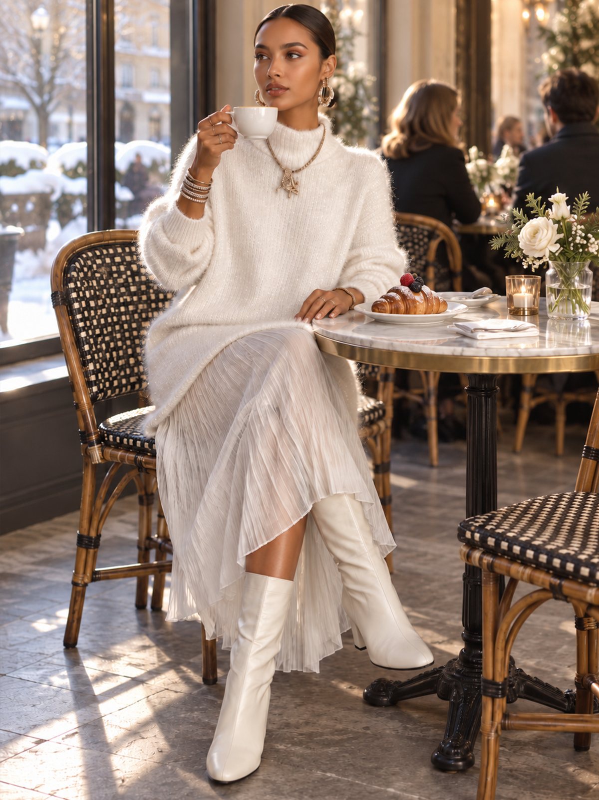White Shimmer Fuzzy Knit Sweater Dress With Pleated Chiffon Patchwork Hem