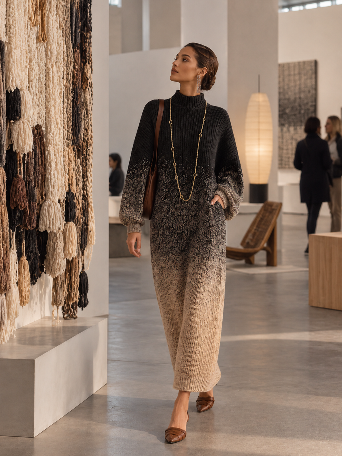 Black To Beige Gradient Turtleneck Knit Maxi Dress