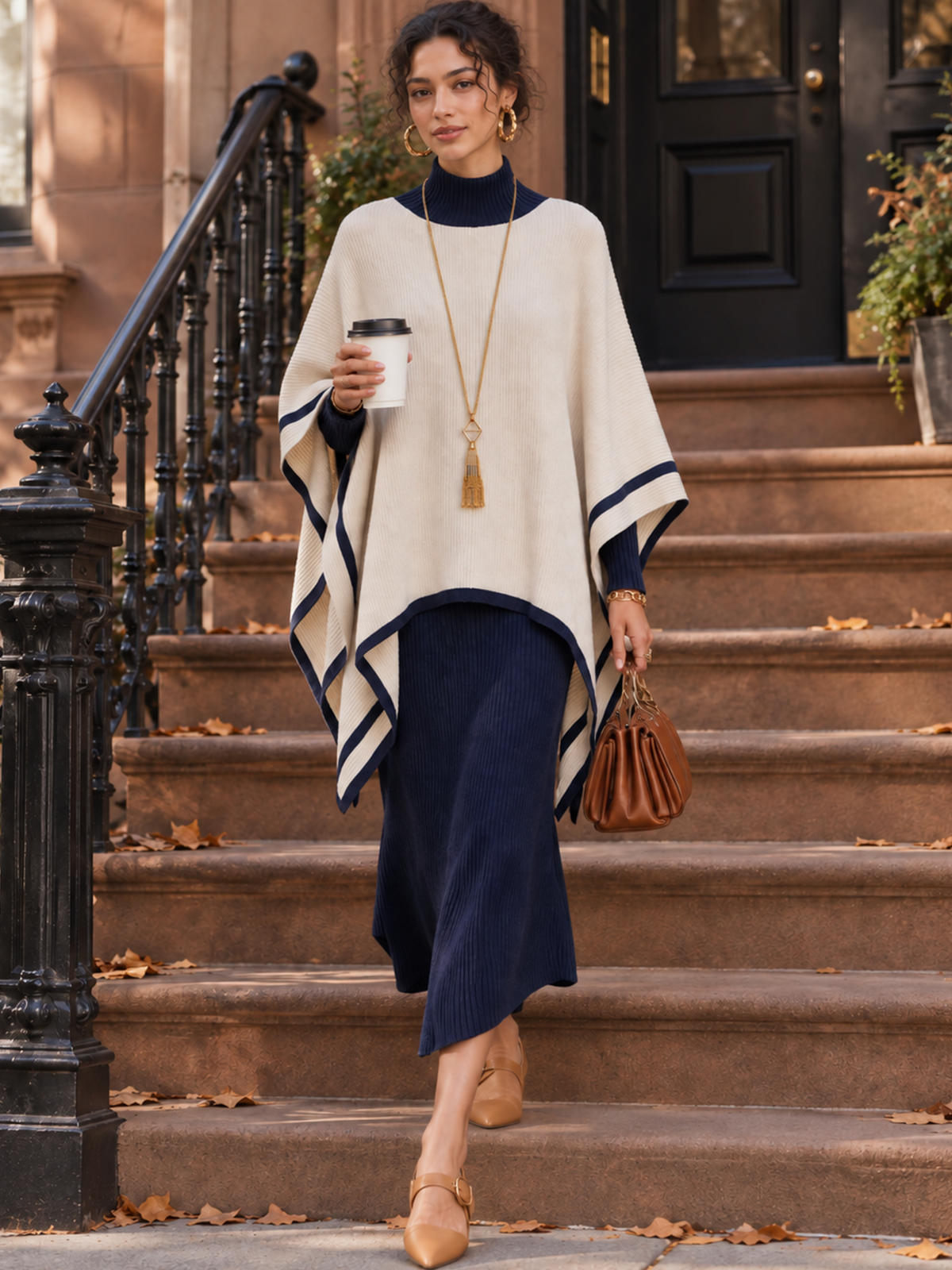 Navy And Cream Turtleneck Knit Poncho Overlay Midi Dress