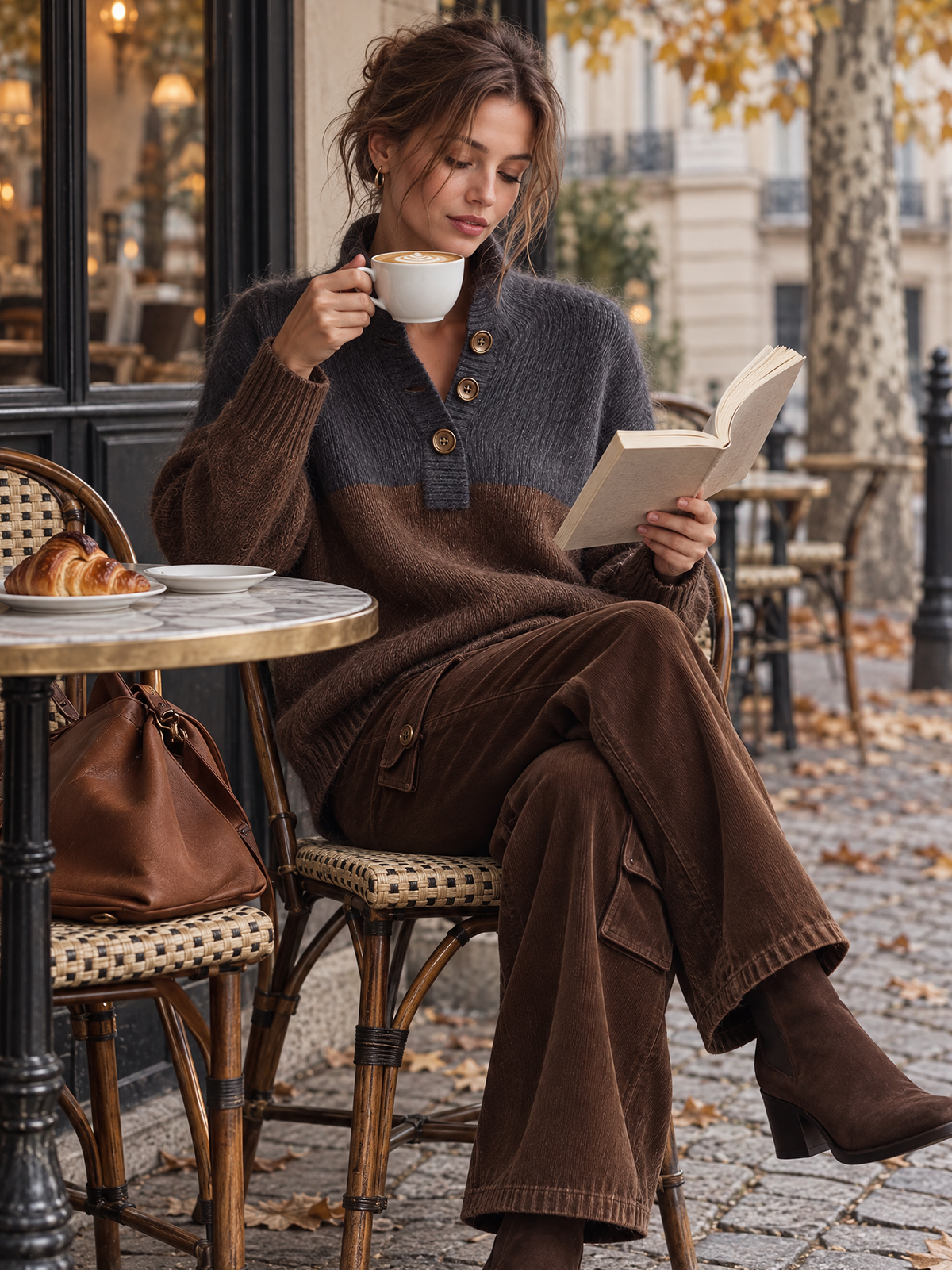 Charcoal Gray And Chocolate Brown Color Block Mohair Sweater With Button Placket