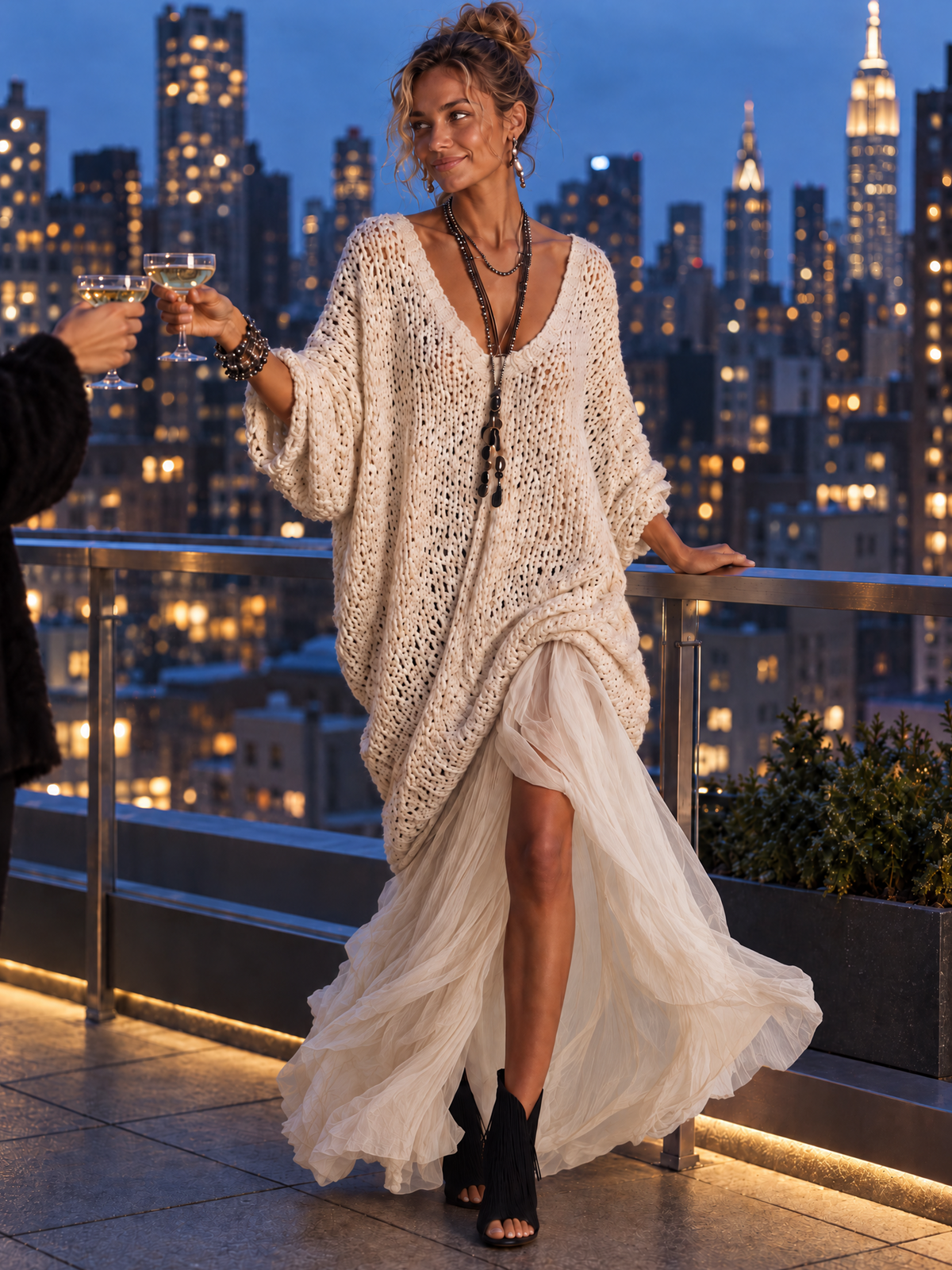 Cream Oversized Chunky Knit V-Neck Maxi Dress With Chiffon Hem