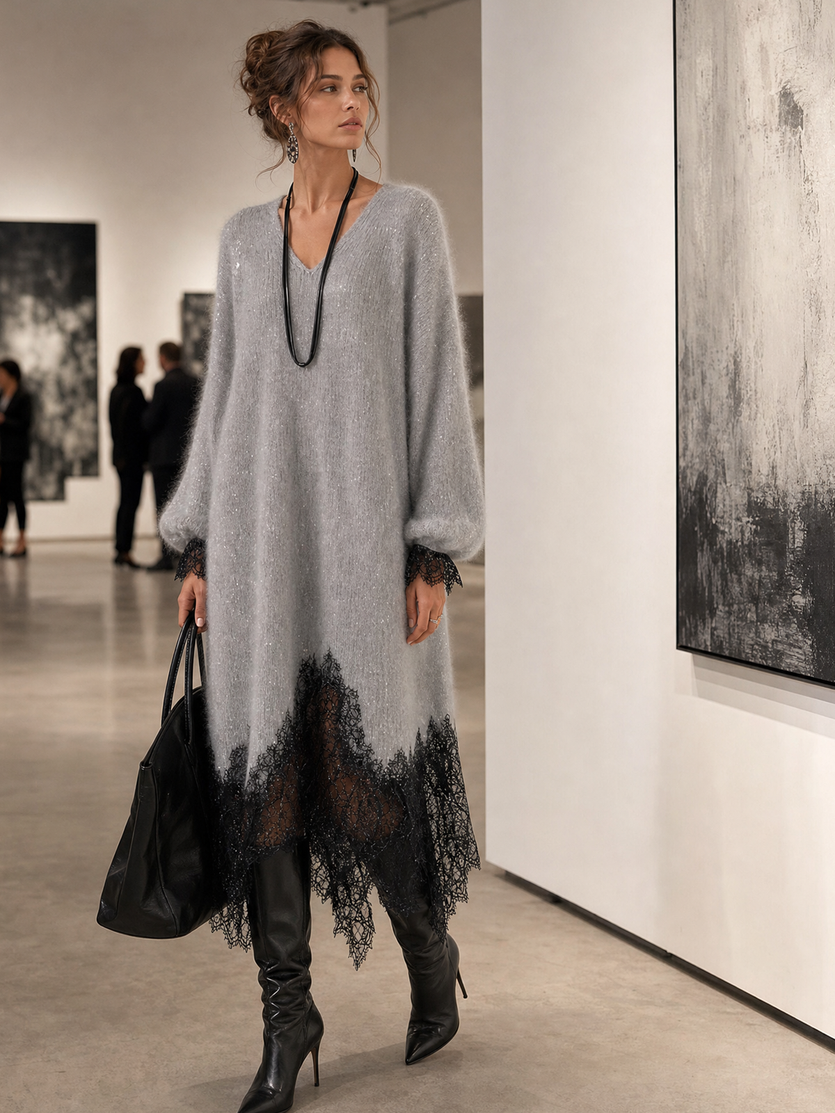 Gray Shimmer Knit Lace Hem Midi Dress