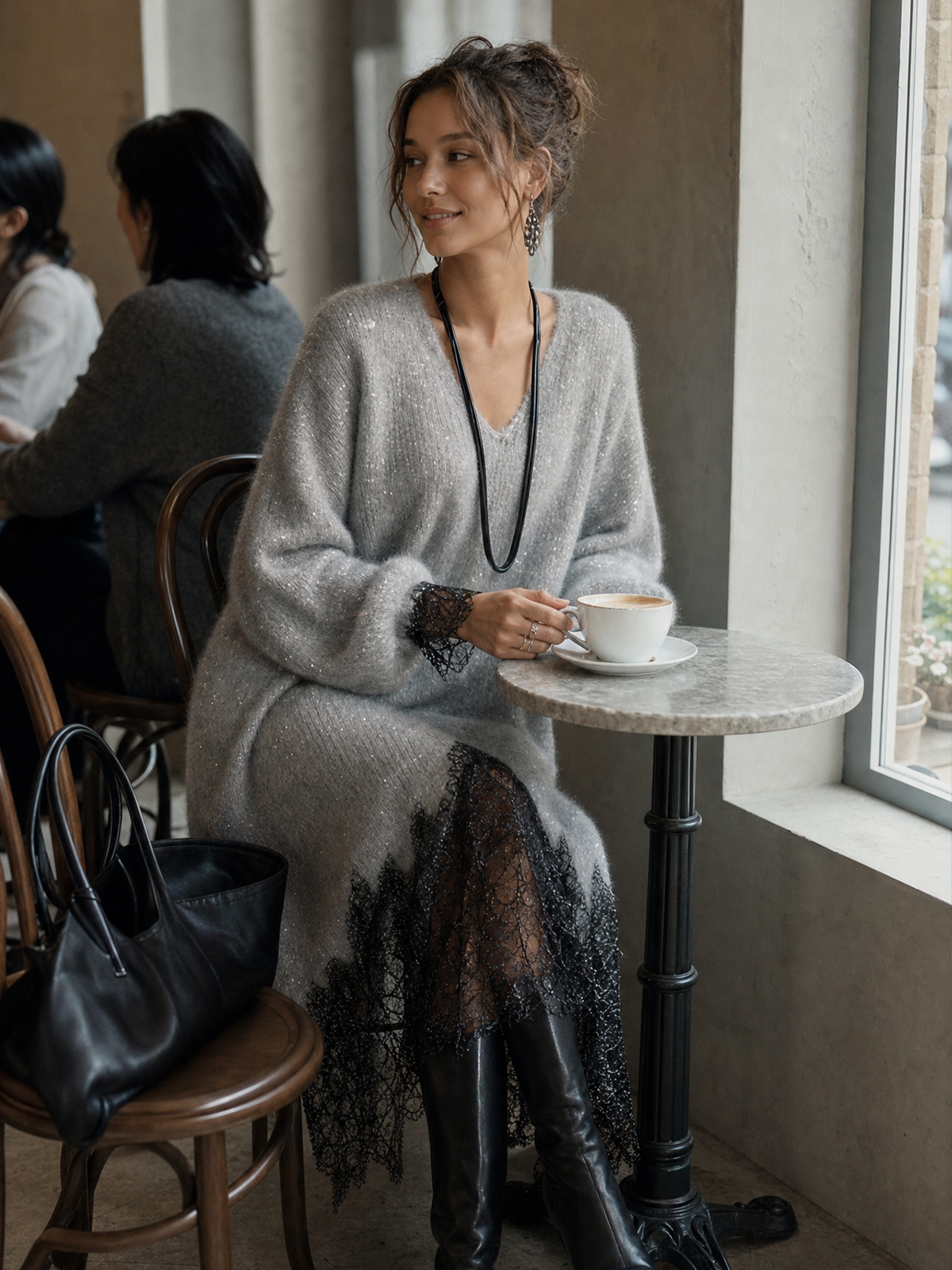 Gray Shimmer Knit Lace Hem Midi Dress