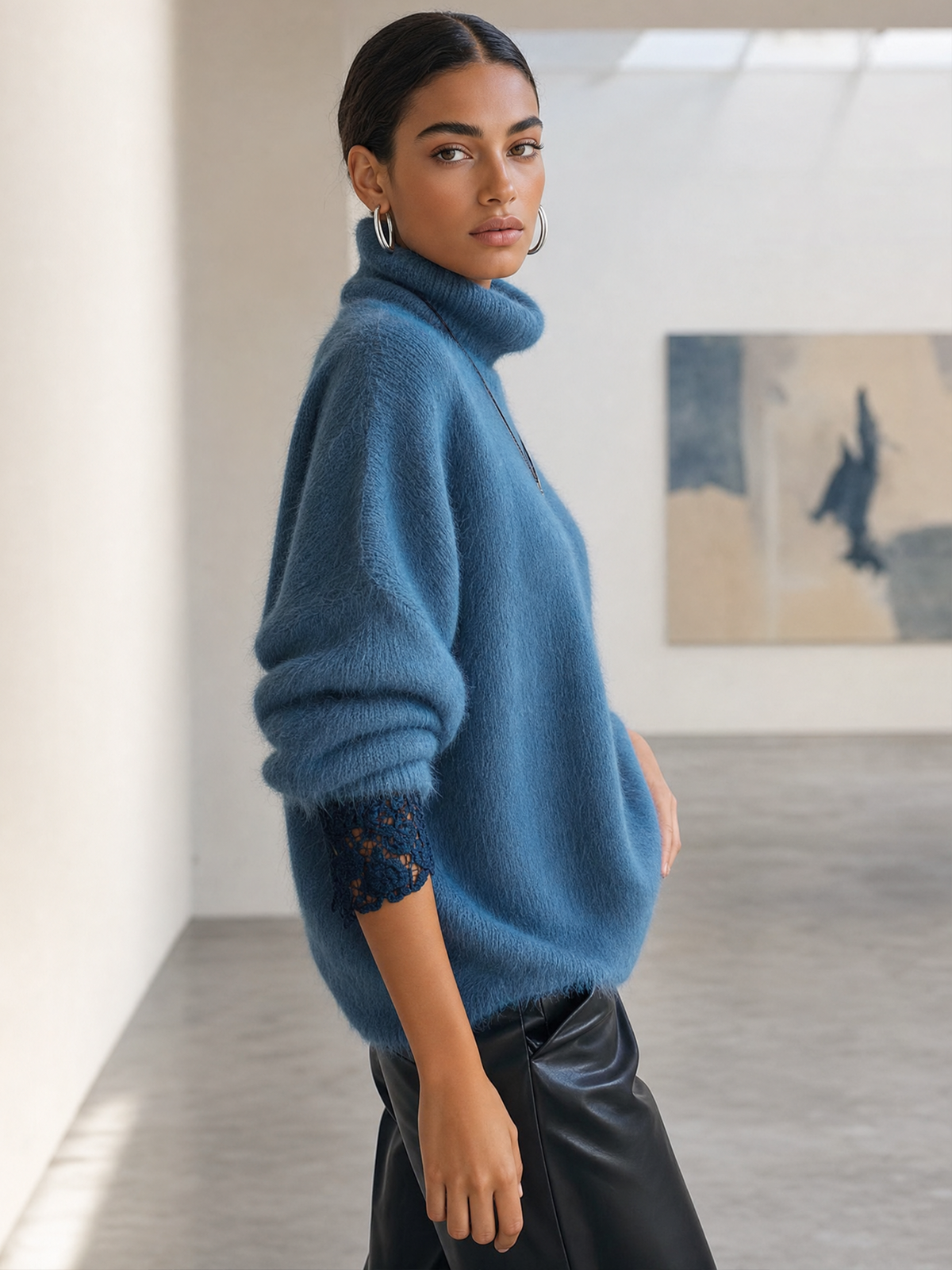 Dusty Blue Fuzzy Turtleneck Sweater With Contrast Lace Cuffs