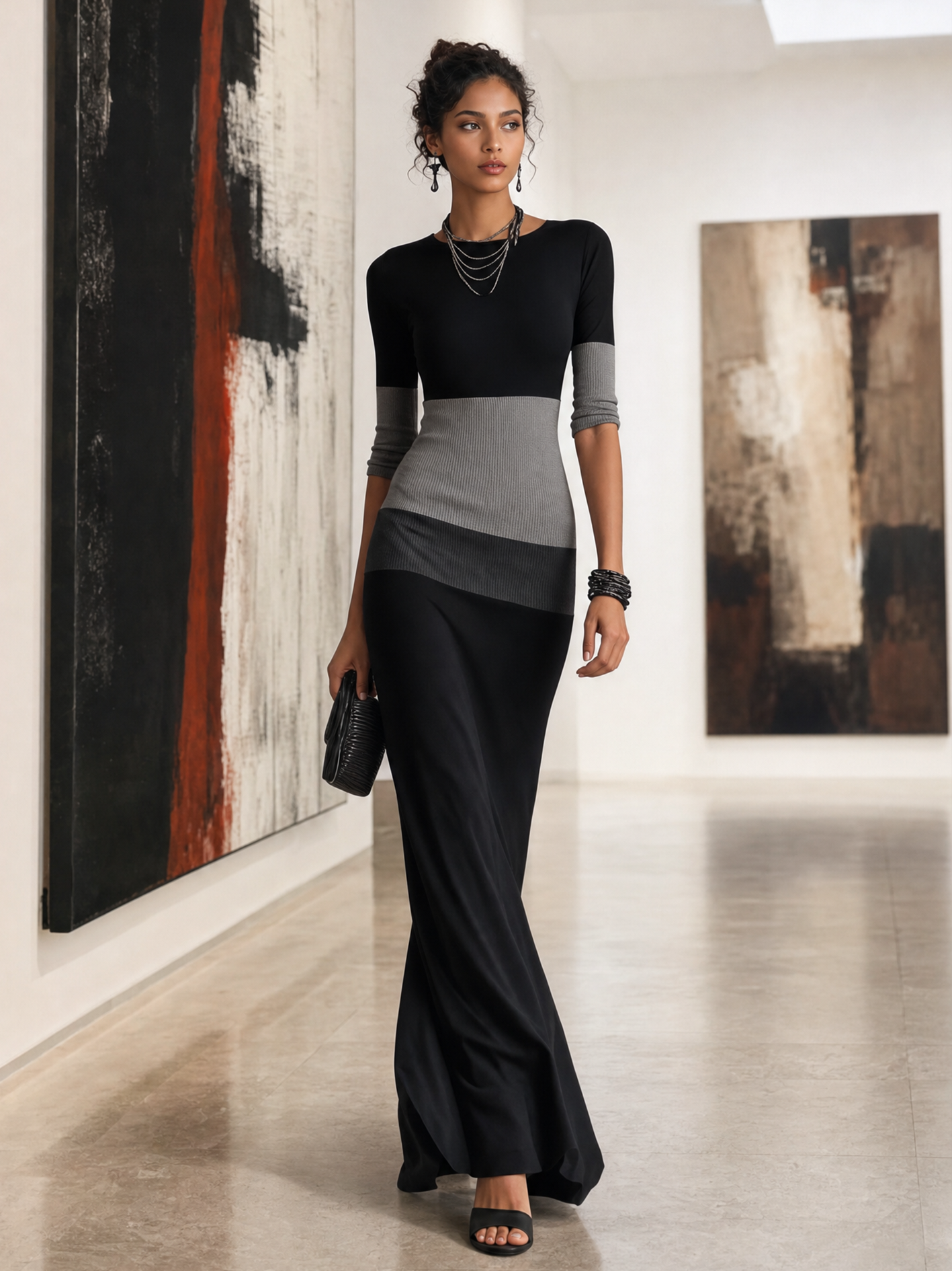 Black And Gray Color Block Bodycon Maxi Dress