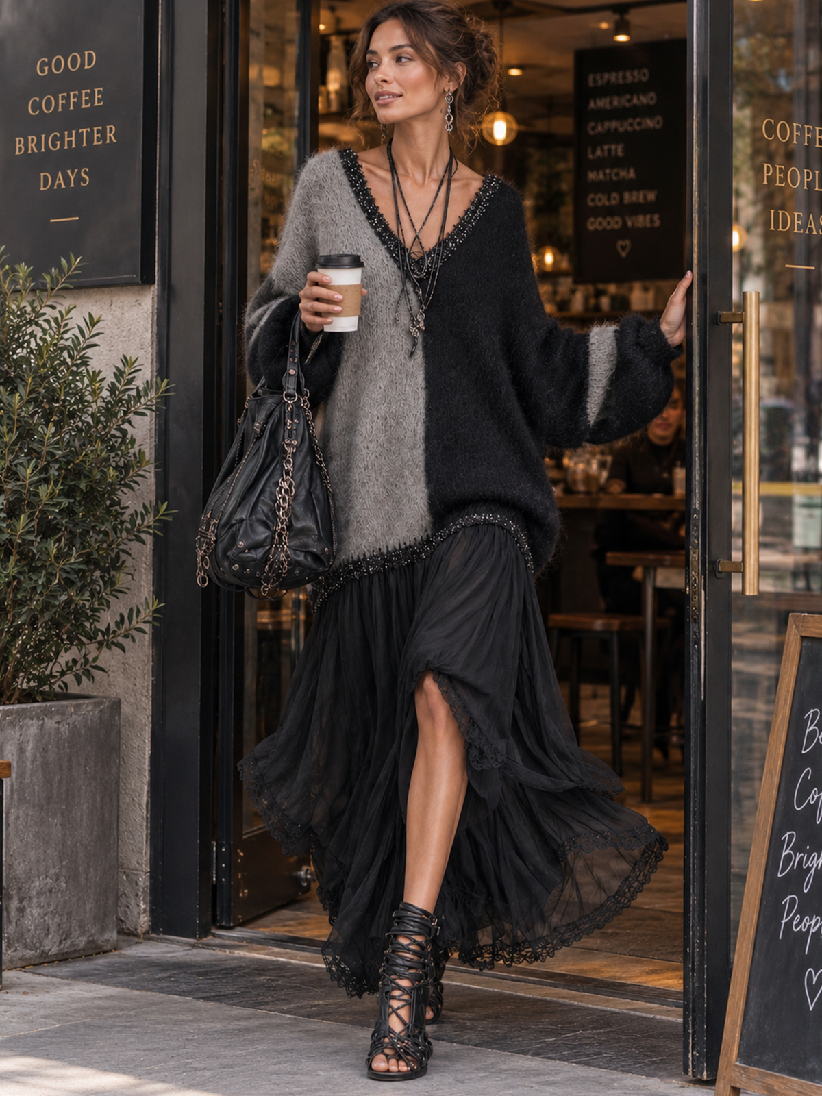 Black And Gray Chiffon Patchwork Oversized Knit Maxi Dress