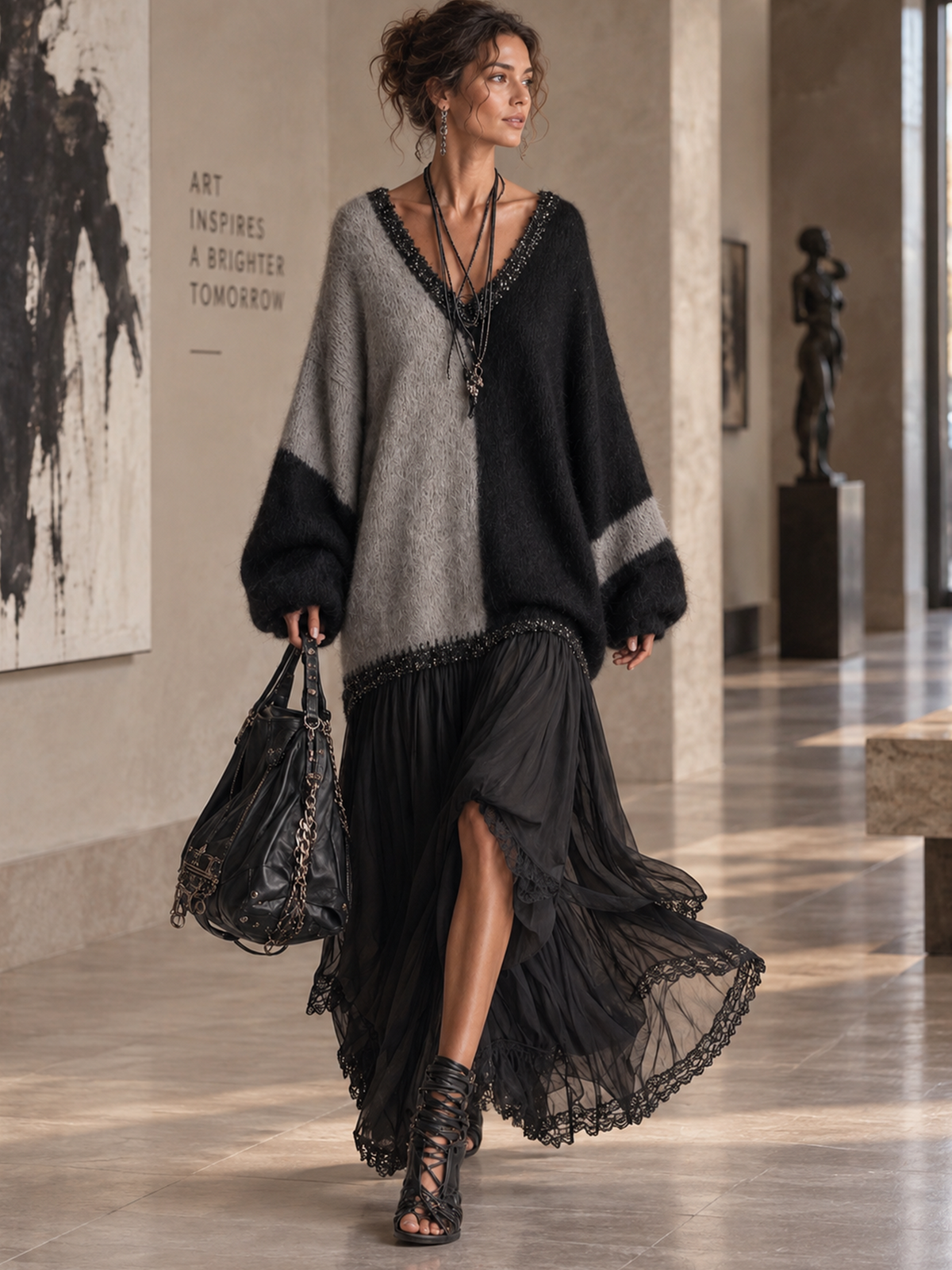 Black And Gray Chiffon Patchwork Oversized Knit Maxi Dress
