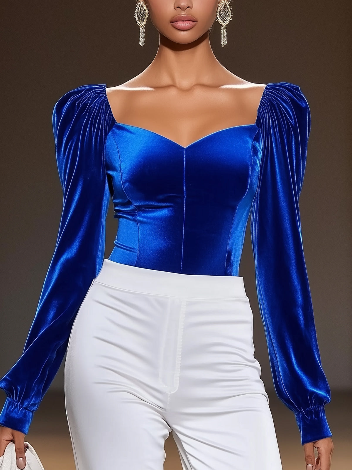 Blue Velvet Sweetheart Neckline Puff Sleeve Shirt